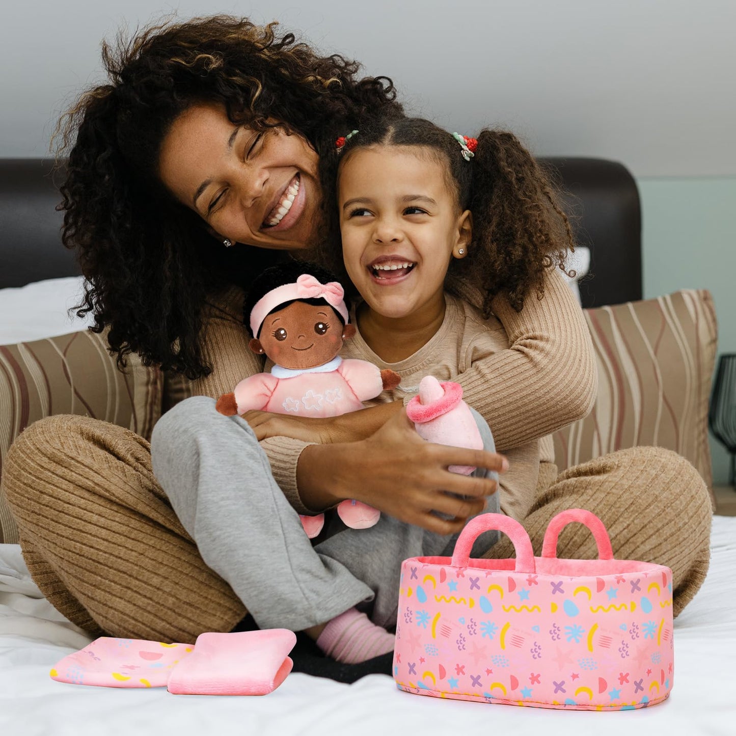 OUOZZZ 10in Black Soft Baby Doll Set with Bassinet, Blanket & Bottle – Pretend Play Toy for Ages 2+
