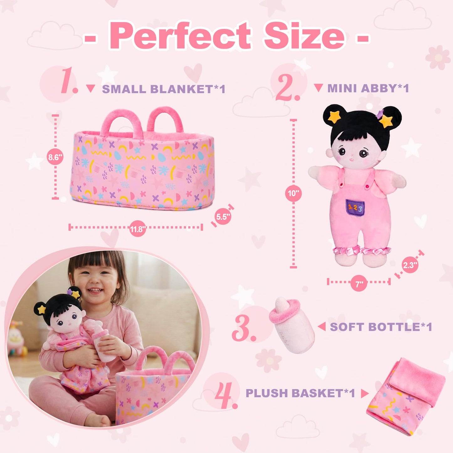 OUOZZZ 10-Inch Soft Baby Doll Set with Bassinet, Blanket & Bottle for Pretend Play
