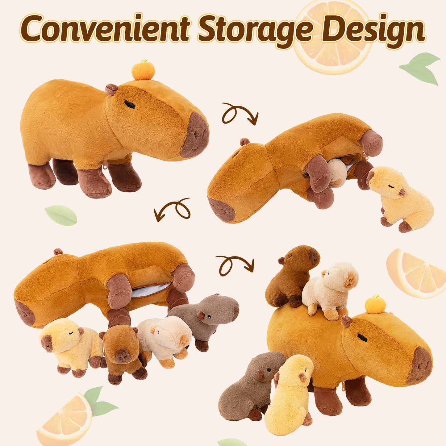 OUOZZZ Capybara Plush Toy – 5-in-1 Mommy with 4 Removable Babies