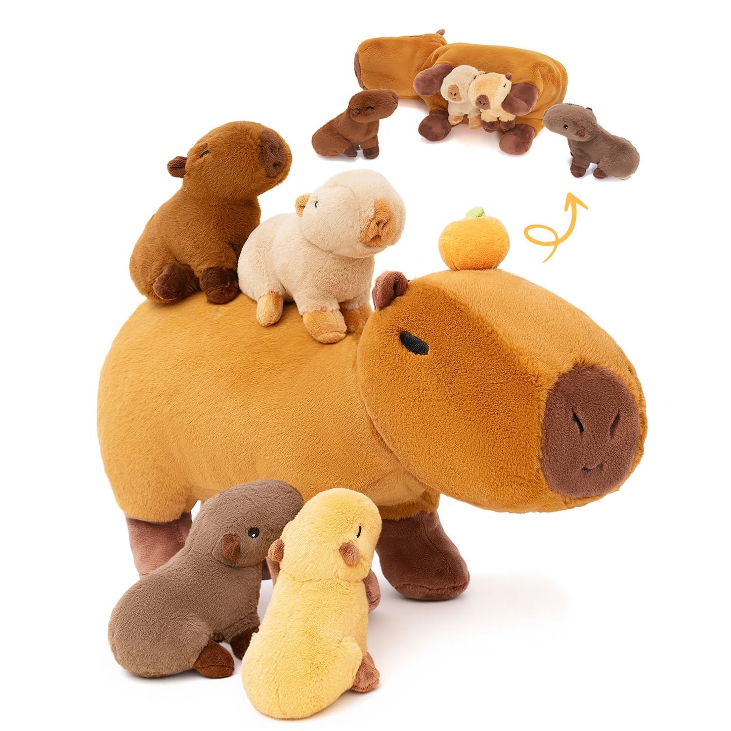 OUOZZZ Capybara Plush Toy – 5-in-1 Mommy with 4 Removable Babies