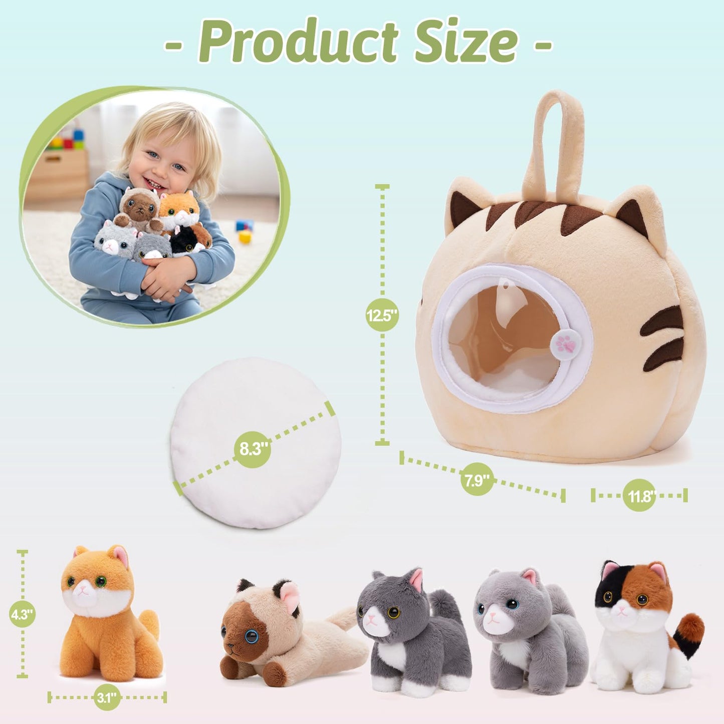 OUOZZZ Cat Stuffed Animal House – 5 Plush Kittens, Interactive & Travel-Ready Carrier
