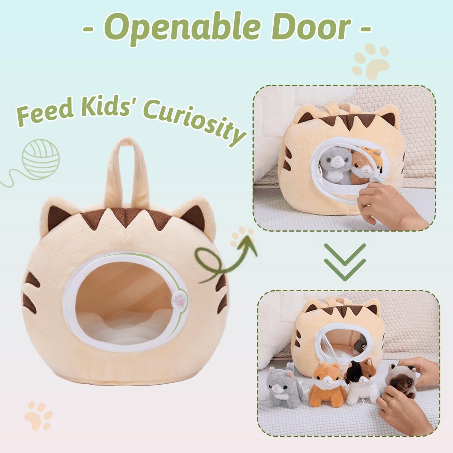 OUOZZZ Cat Stuffed Animal House – 5 Plush Kittens, Interactive & Travel-Ready Carrier