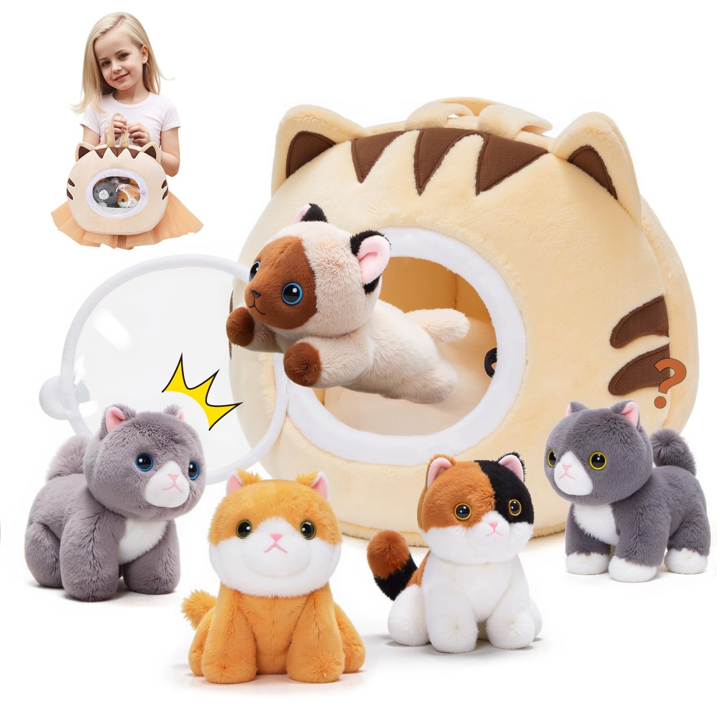 OUOZZZ Cat Stuffed Animal House – 5 Plush Kittens, Interactive & Travel-Ready Carrier