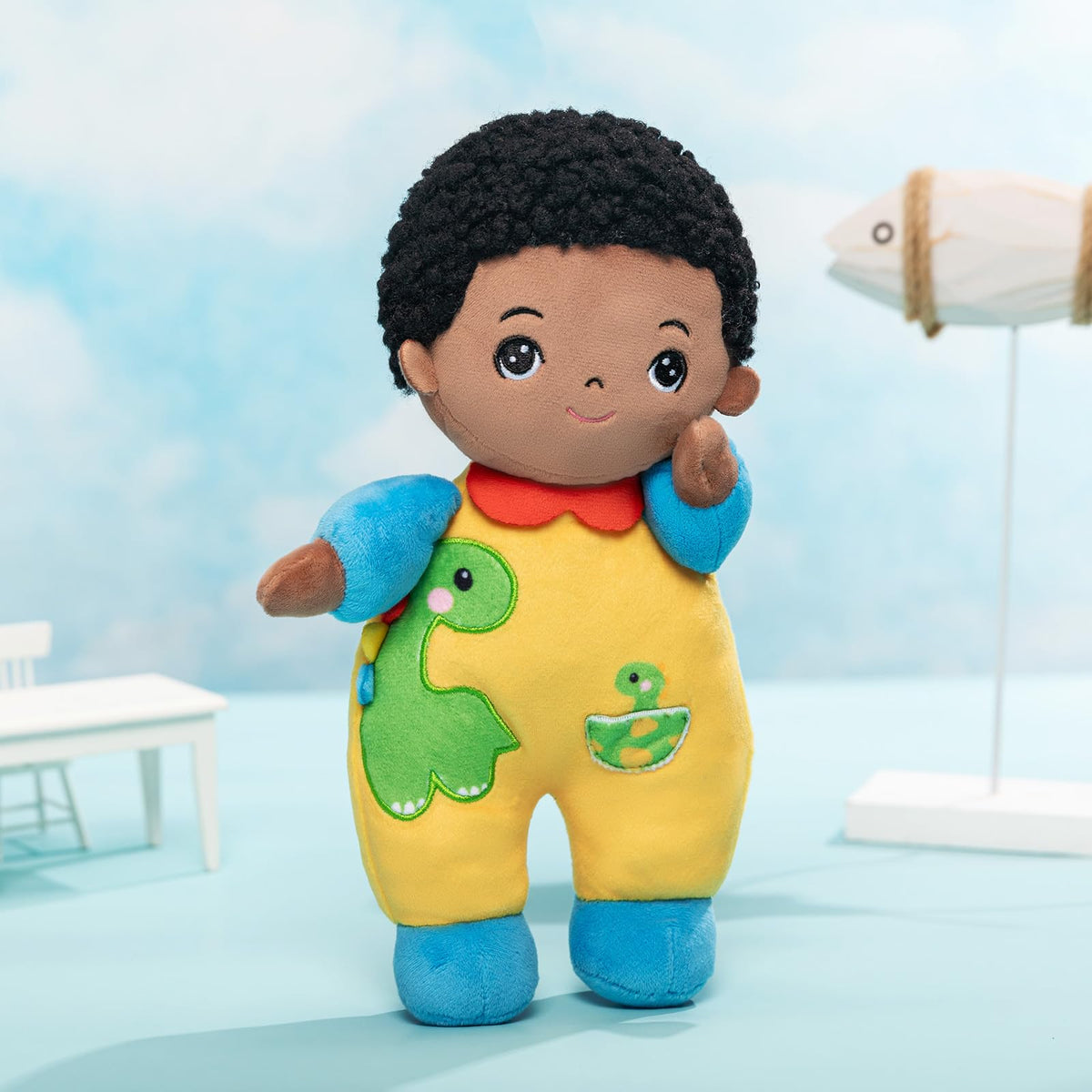 OUOZZZ 10-Inch Soft Black Boy Doll – Toddler Buddy & Dinosaur Gift