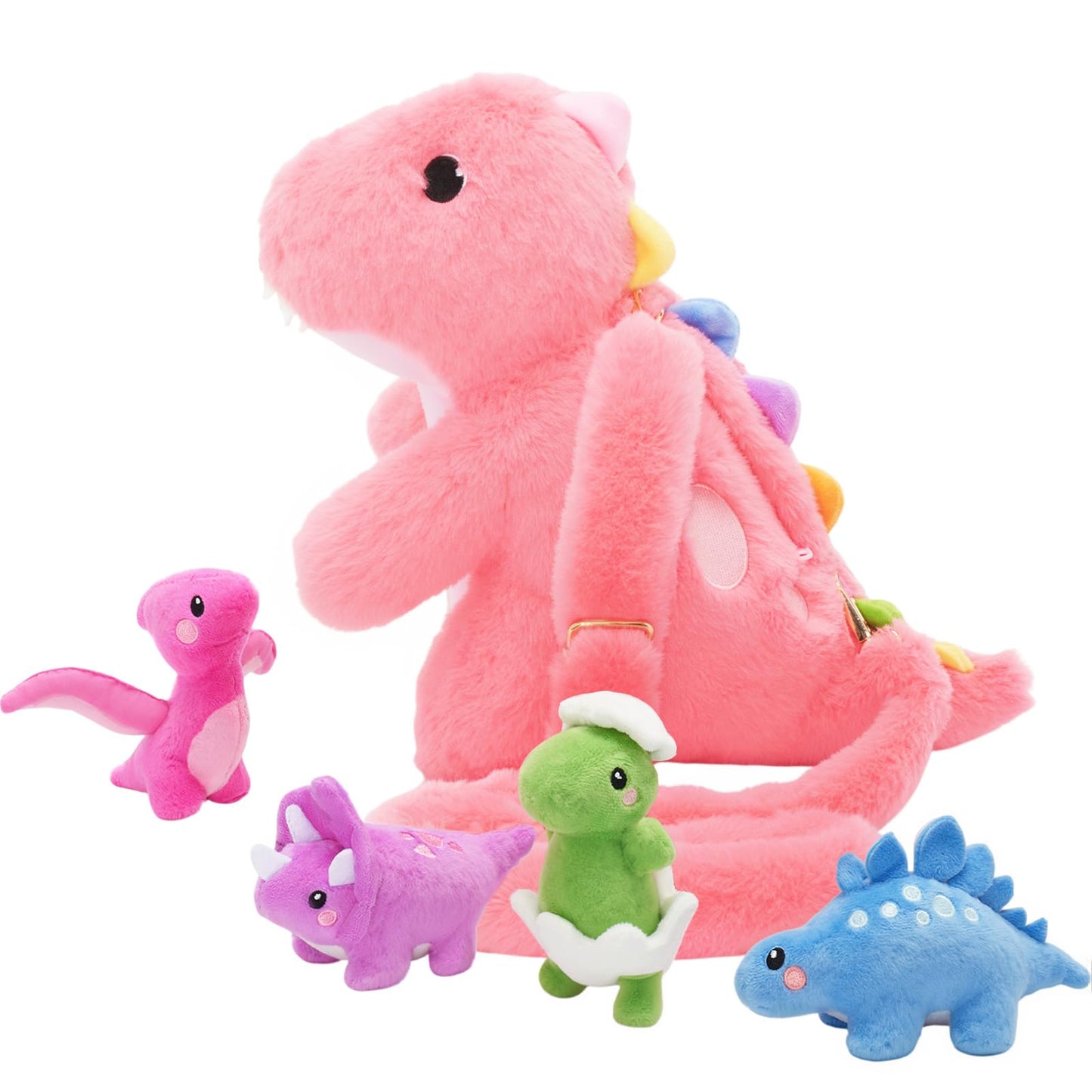OUOZZZ Pink Dinosaurs Plush with 4 Babies Inside – Shoulder Strap Kids Toy