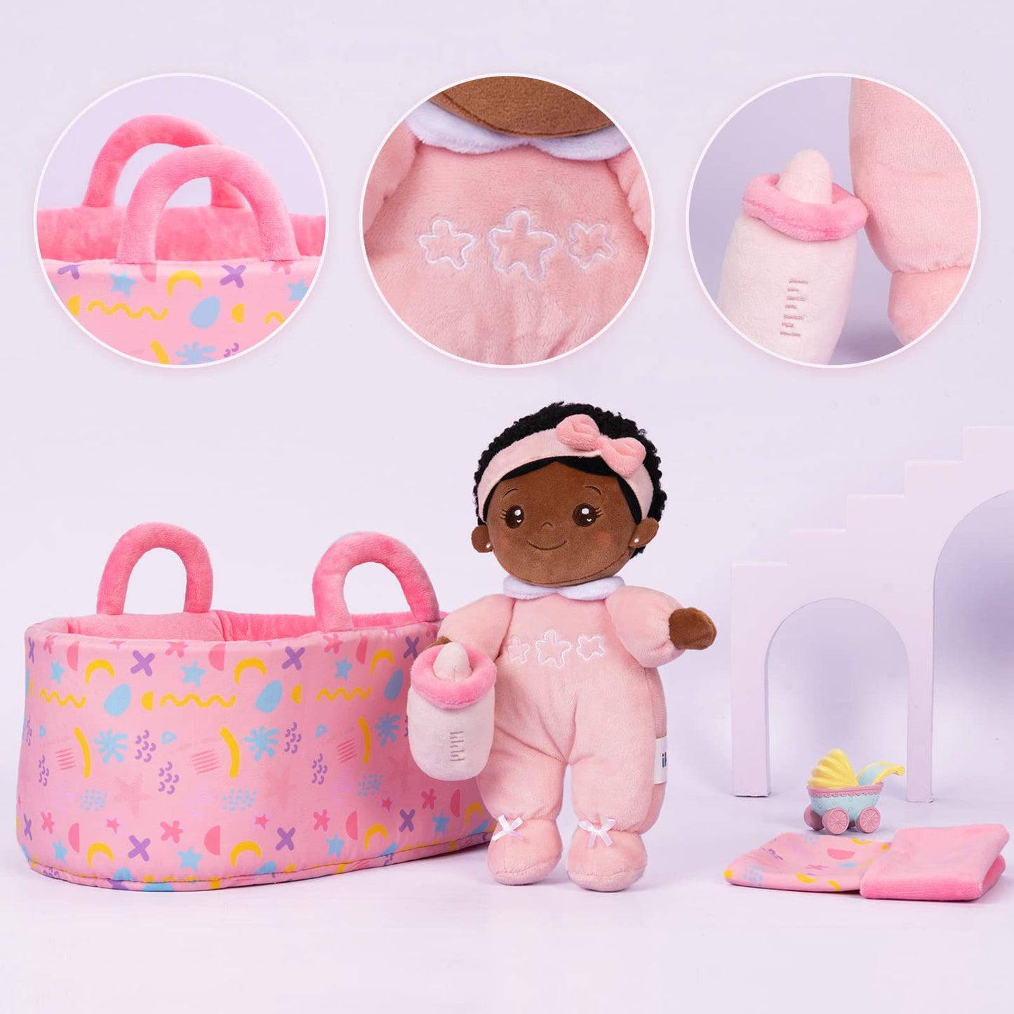 OUOZZZ 10in Black Soft Baby Doll Set with Bassinet, Blanket & Bottle – Pretend Play Toy for Ages 2+