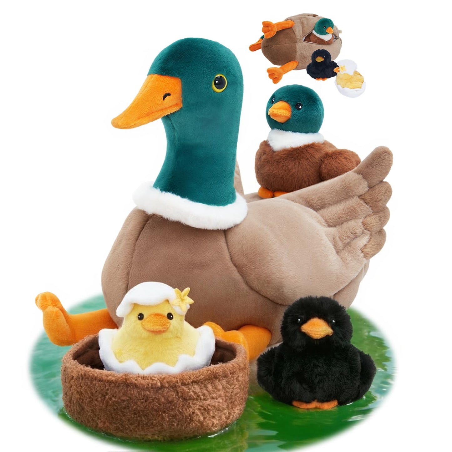 OUOZZZ Duck Stuffed Animals with 3 Ducklings and Nest – Plush Mallard Toy for Toddlers 1-3