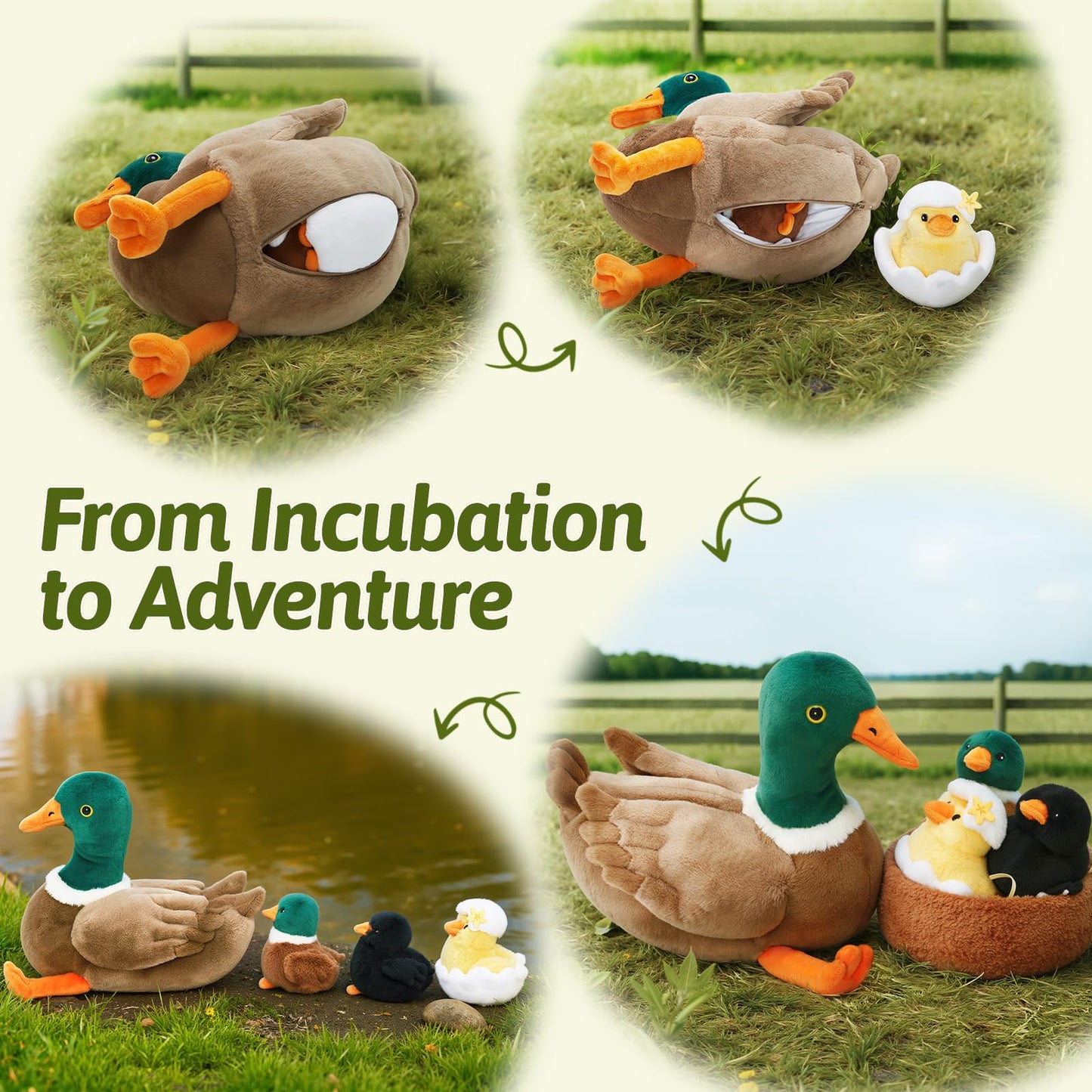 OUOZZZ Duck Stuffed Animals with 3 Ducklings and Nest – Plush Mallard Toy for Toddlers 1-3