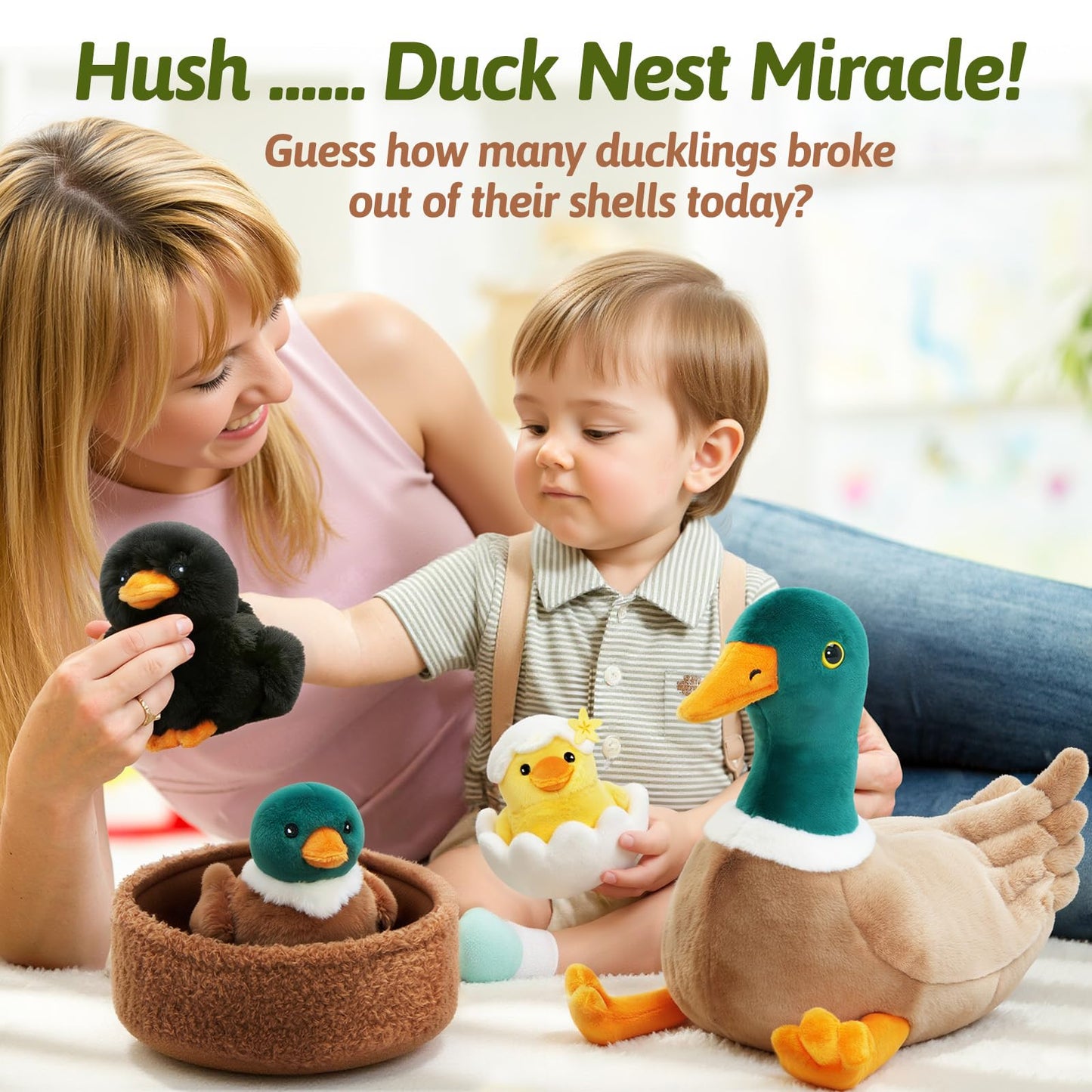 OUOZZZ Duck Stuffed Animals with 3 Ducklings and Nest – Plush Mallard Toy for Toddlers 1-3