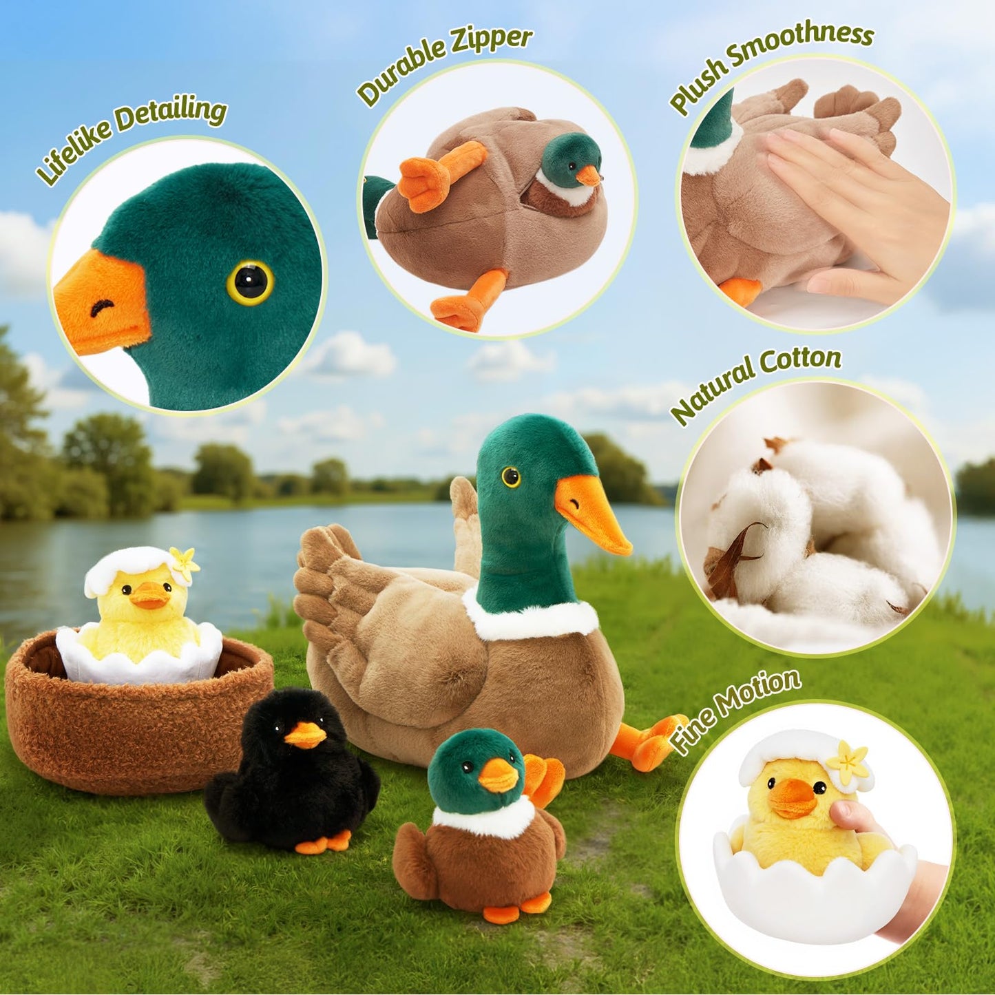 OUOZZZ Duck Stuffed Animals with 3 Ducklings and Nest – Plush Mallard Toy for Toddlers 1-3