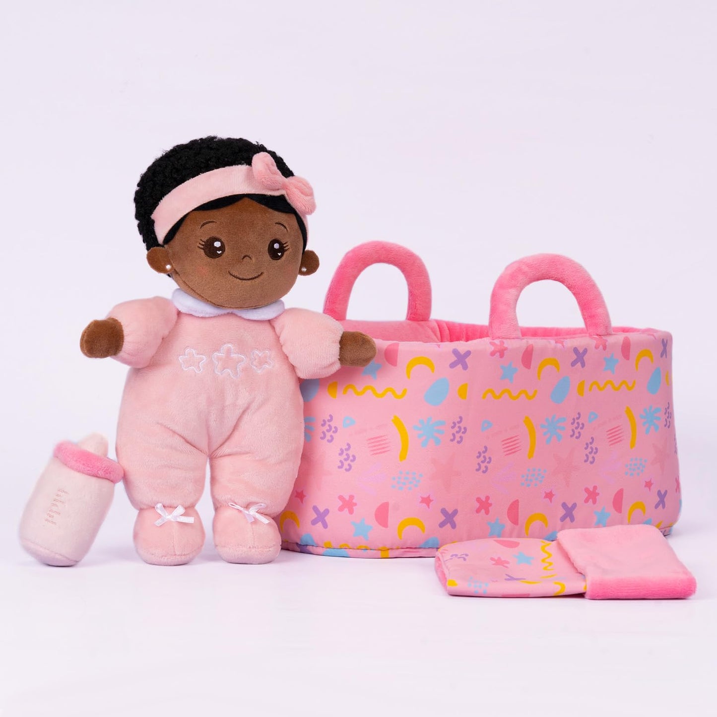OUOZZZ 10in Black Soft Baby Doll Set with Bassinet, Blanket & Bottle – Pretend Play Toy for Ages 2+