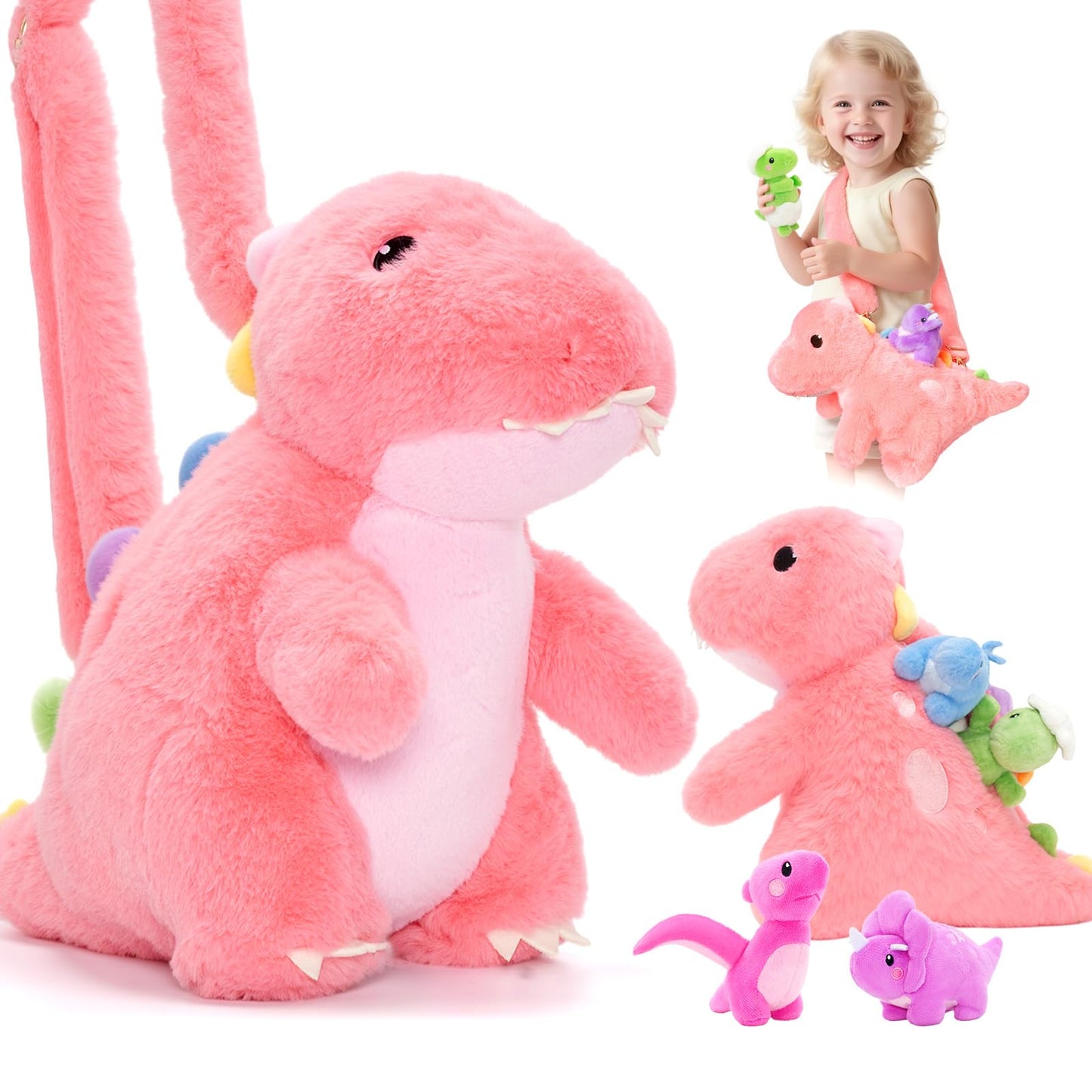 OUOZZZ Pink Dinosaurs Plush with 4 Babies Inside – Shoulder Strap Kids Toy