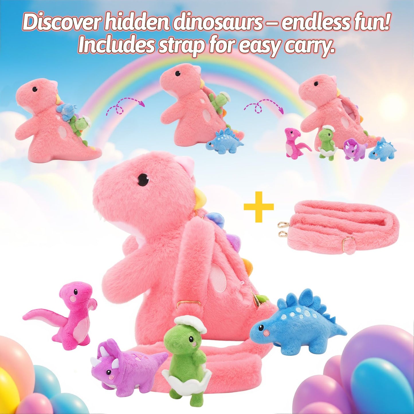 OUOZZZ Pink Dinosaurs Plush with 4 Babies Inside – Shoulder Strap Kids Toy