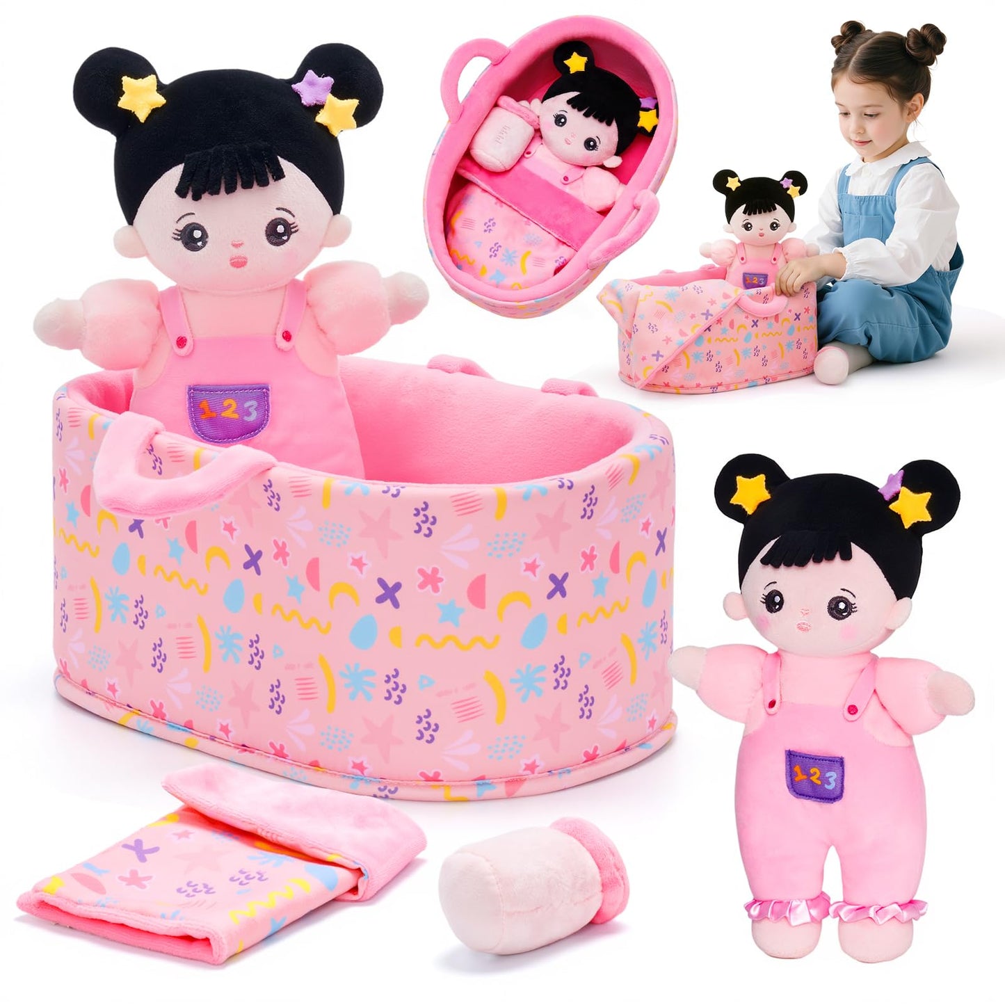 OUOZZZ 10-Inch Soft Baby Doll Set with Bassinet, Blanket & Bottle for Pretend Play