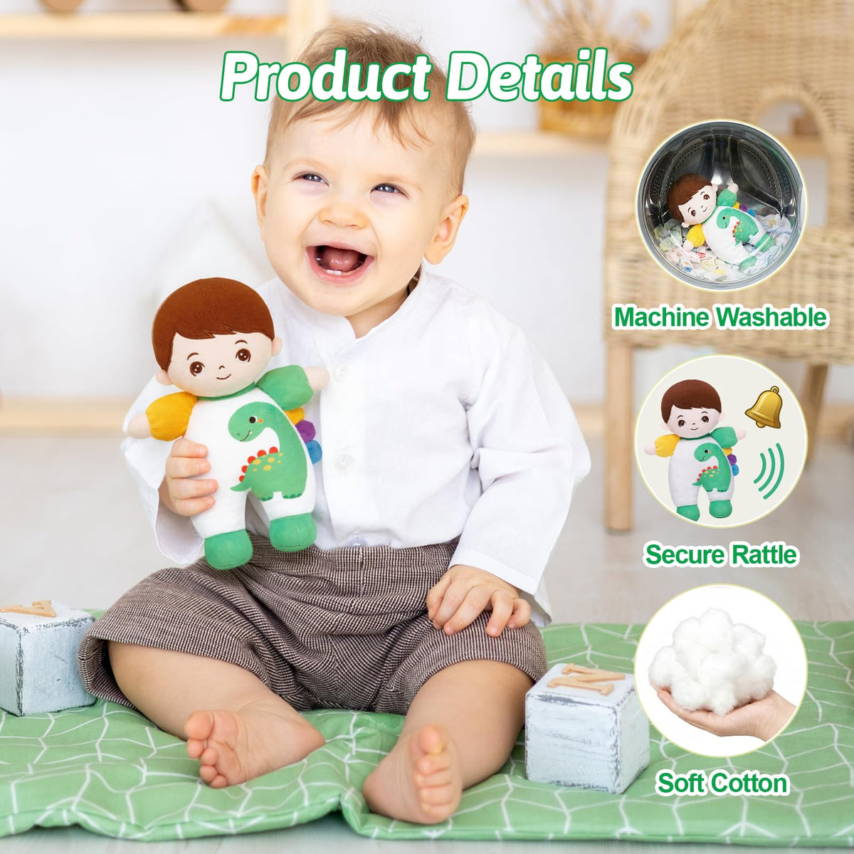 OUOZZZ 10-Inch Soft Boy Baby Doll – Dinosaur Plush Toy for 1 Year Olds