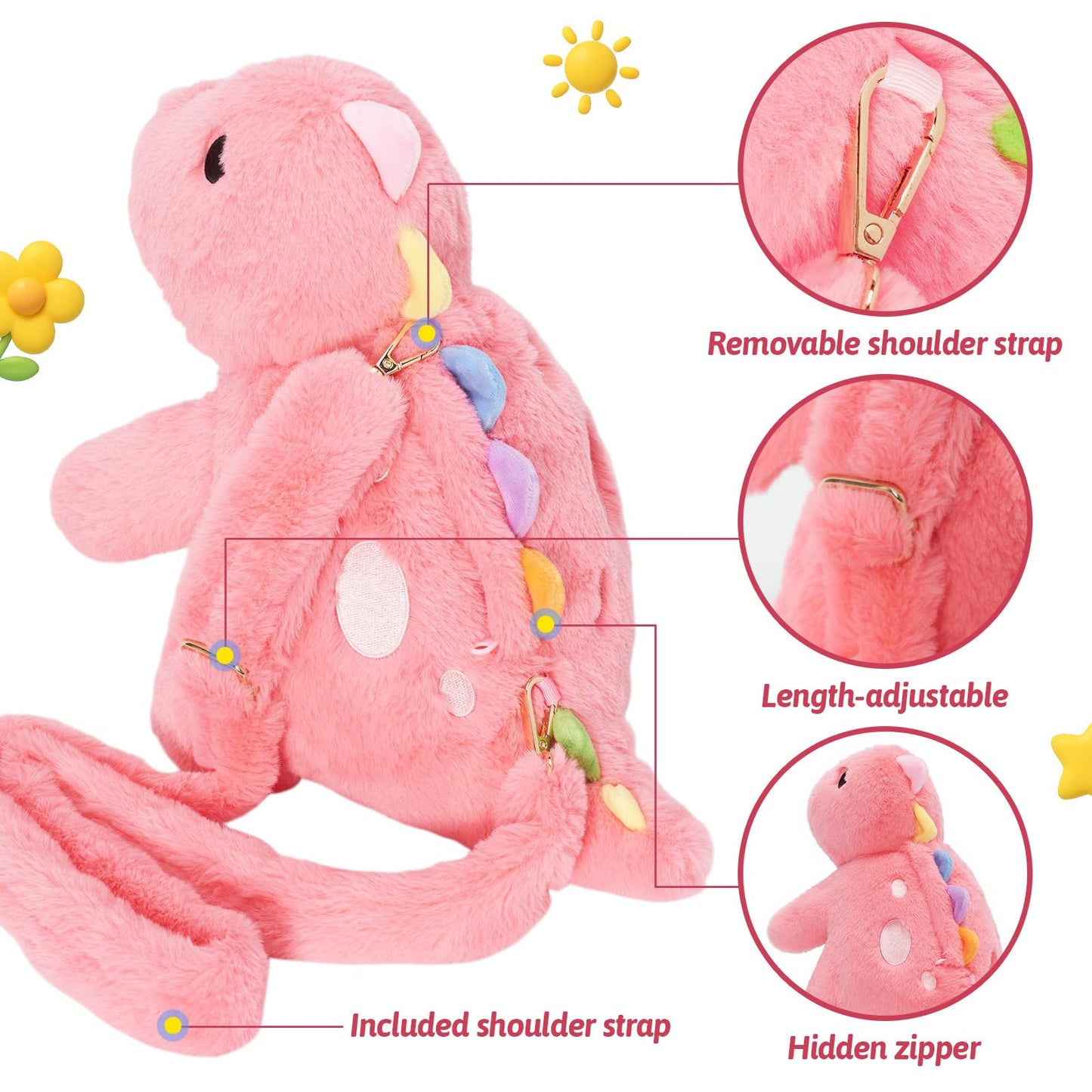 OUOZZZ Pink Dinosaurs Plush with 4 Babies Inside – Shoulder Strap Kids Toy