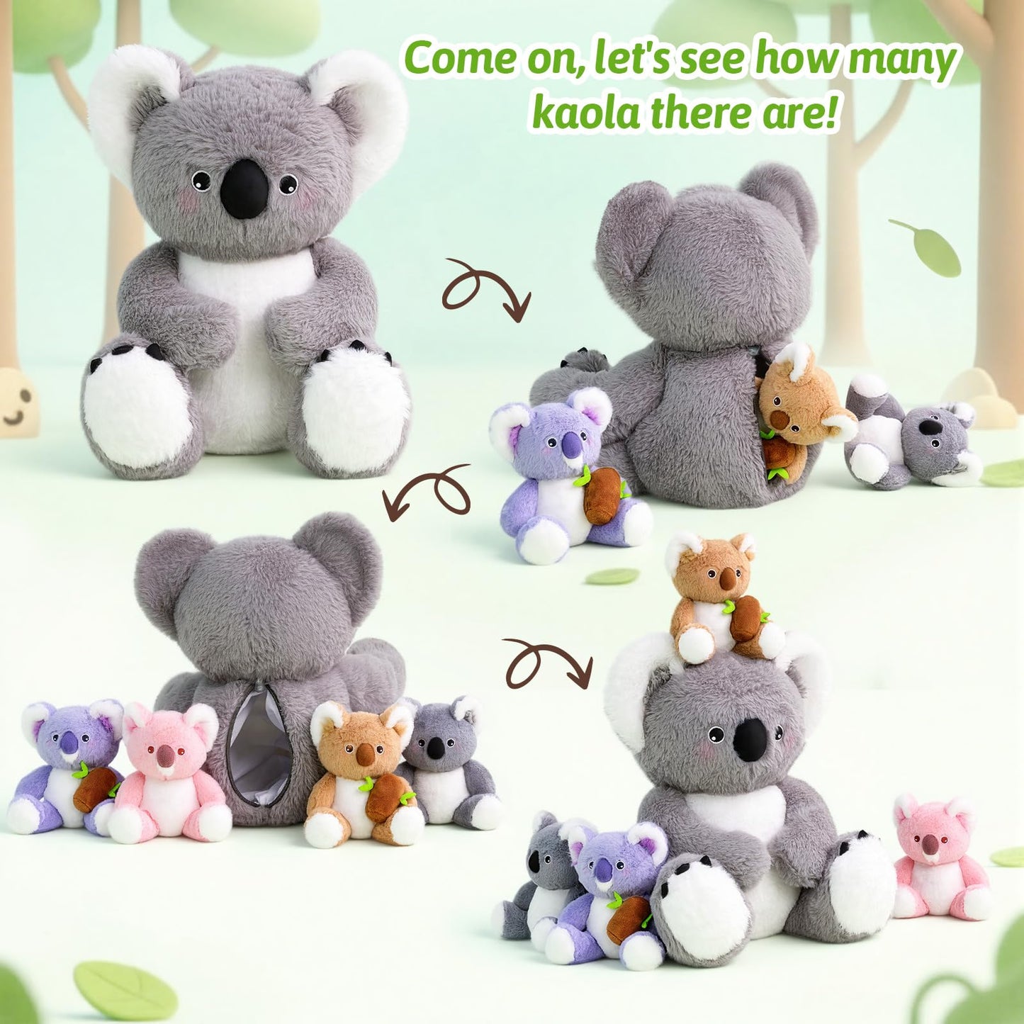 OUOZZZ Koala Stuffed Animal with 4 Babies Inside - 12-Inch Plush Gift for Kids