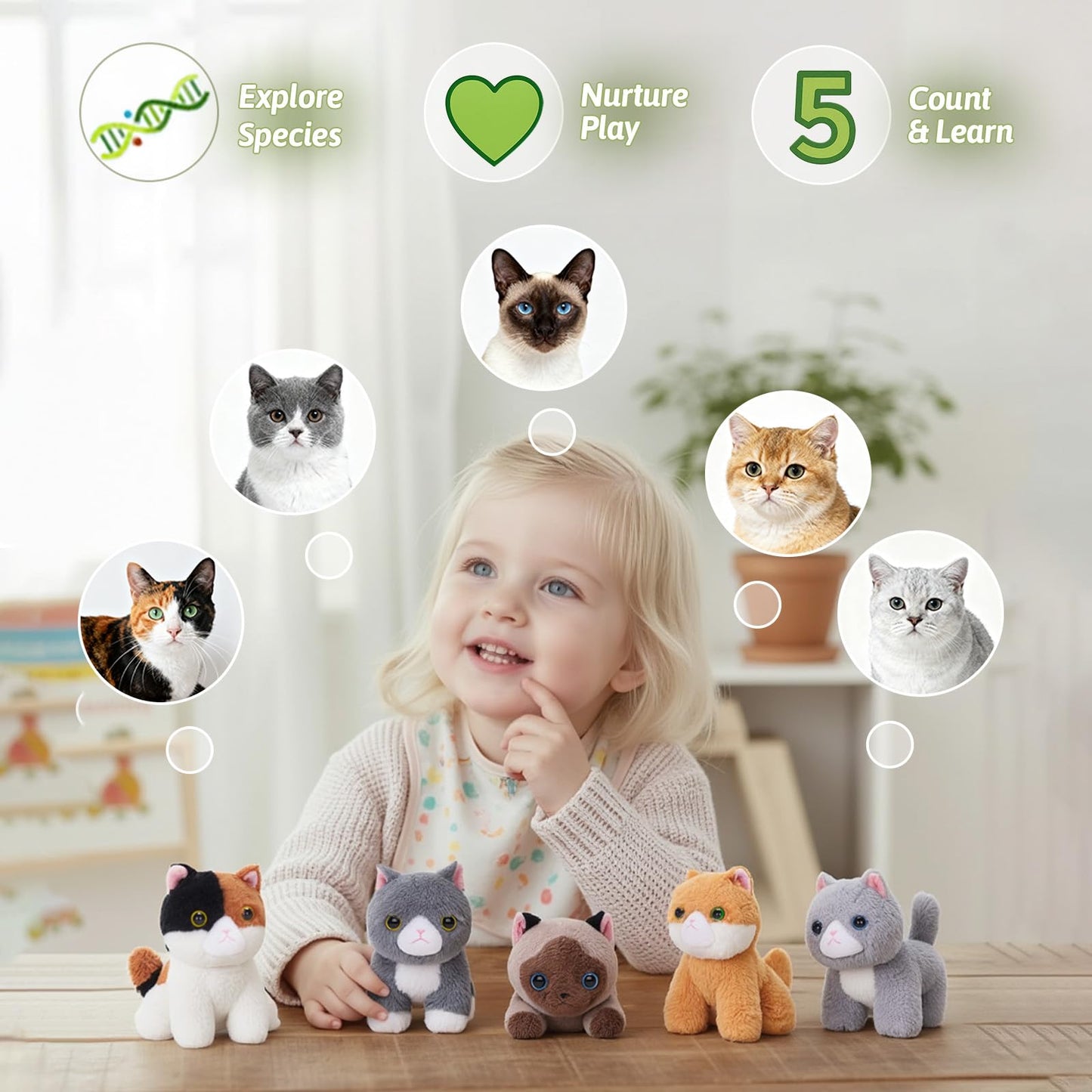 OUOZZZ Cat Stuffed Animal House – 5 Plush Kittens, Interactive & Travel-Ready Carrier