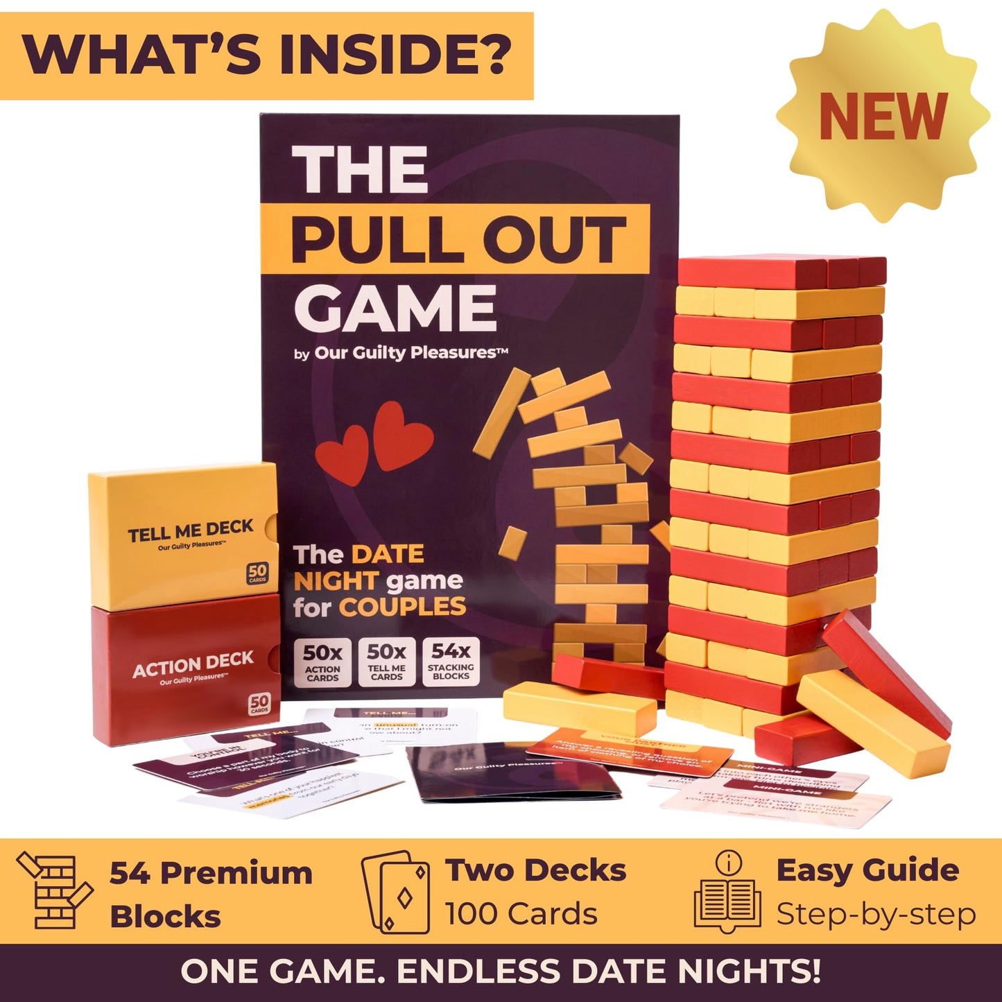 Our Guilty Pleasures Pull Out Game – Flirty Date Night Block Tower with 100 Cards (50 Action, 50 Tell Me) | Valentine’s Gift for Couples