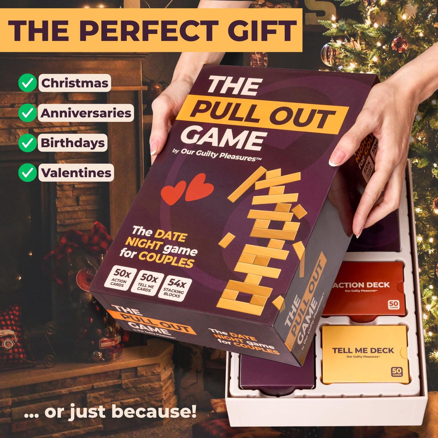Our Guilty Pleasures Pull Out Game – Flirty Date Night Block Tower with 100 Cards (50 Action, 50 Tell Me) | Valentine’s Gift for Couples