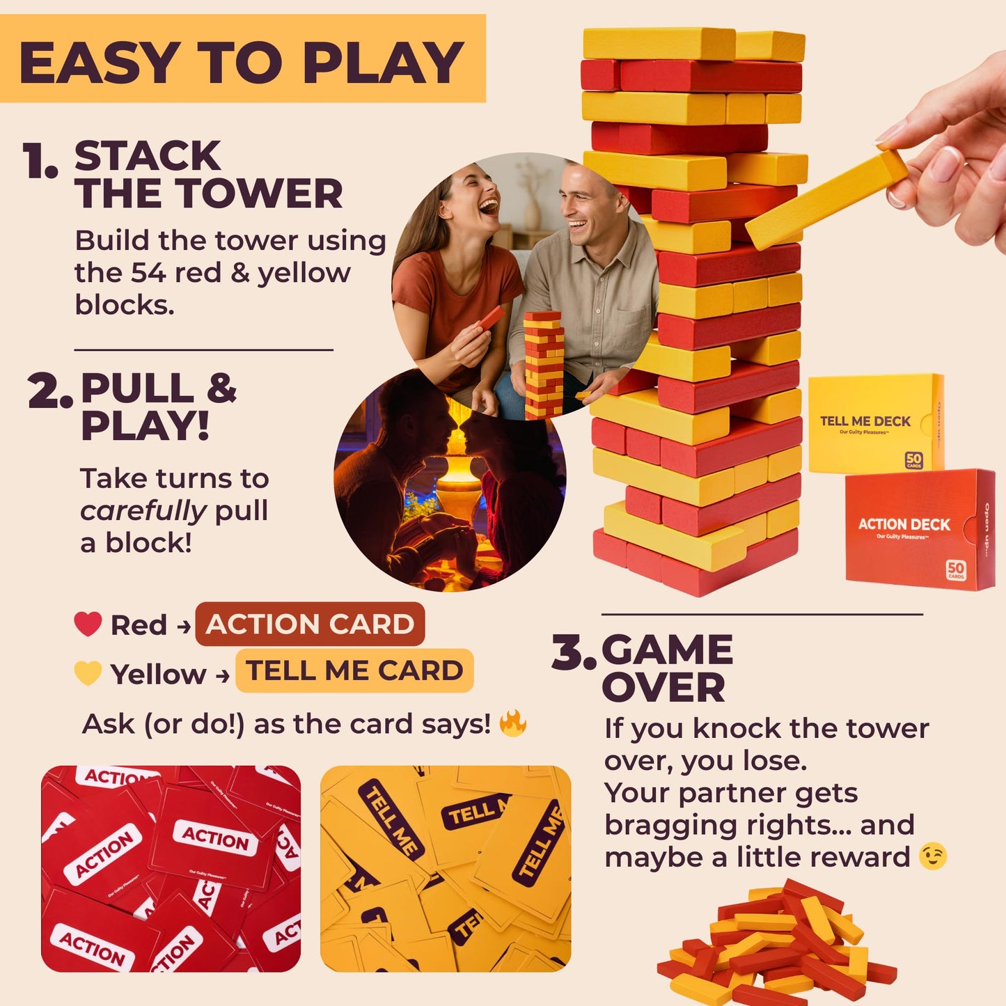 Our Guilty Pleasures Pull Out Game – Flirty Date Night Block Tower with 100 Cards (50 Action, 50 Tell Me) | Valentine’s Gift for Couples
