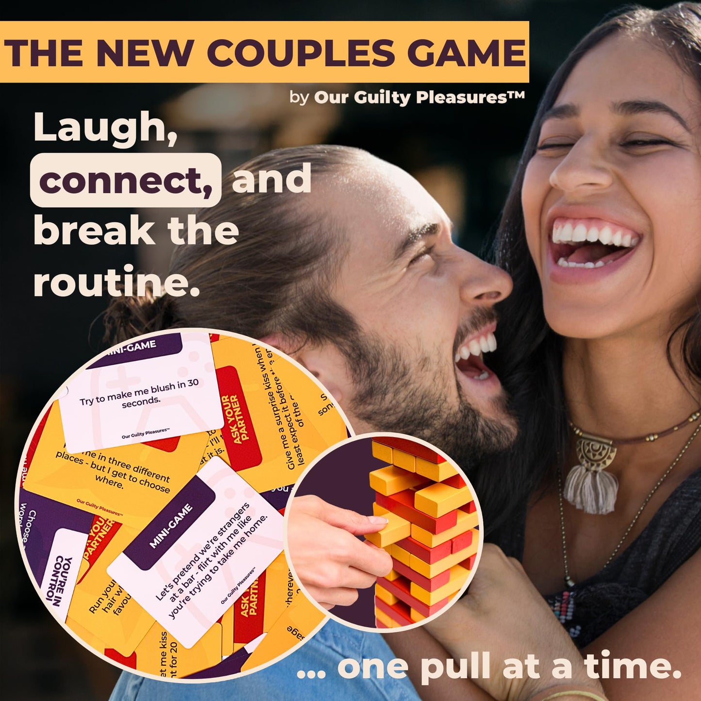 Our Guilty Pleasures Pull Out Game – Flirty Date Night Block Tower with 100 Cards (50 Action, 50 Tell Me) | Valentine’s Gift for Couples