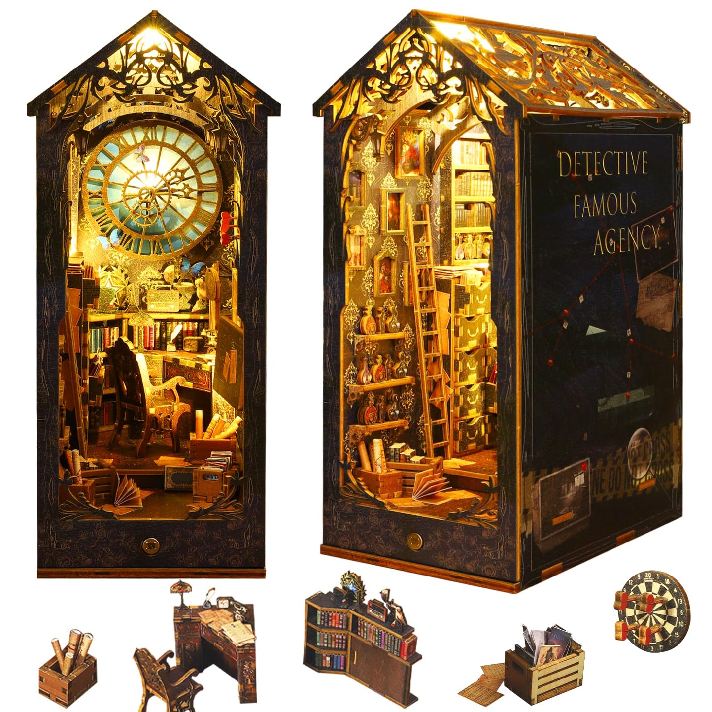 OurMiao Book Nook Kit Detective Agency — DIY Booknook with Sensor LED Light