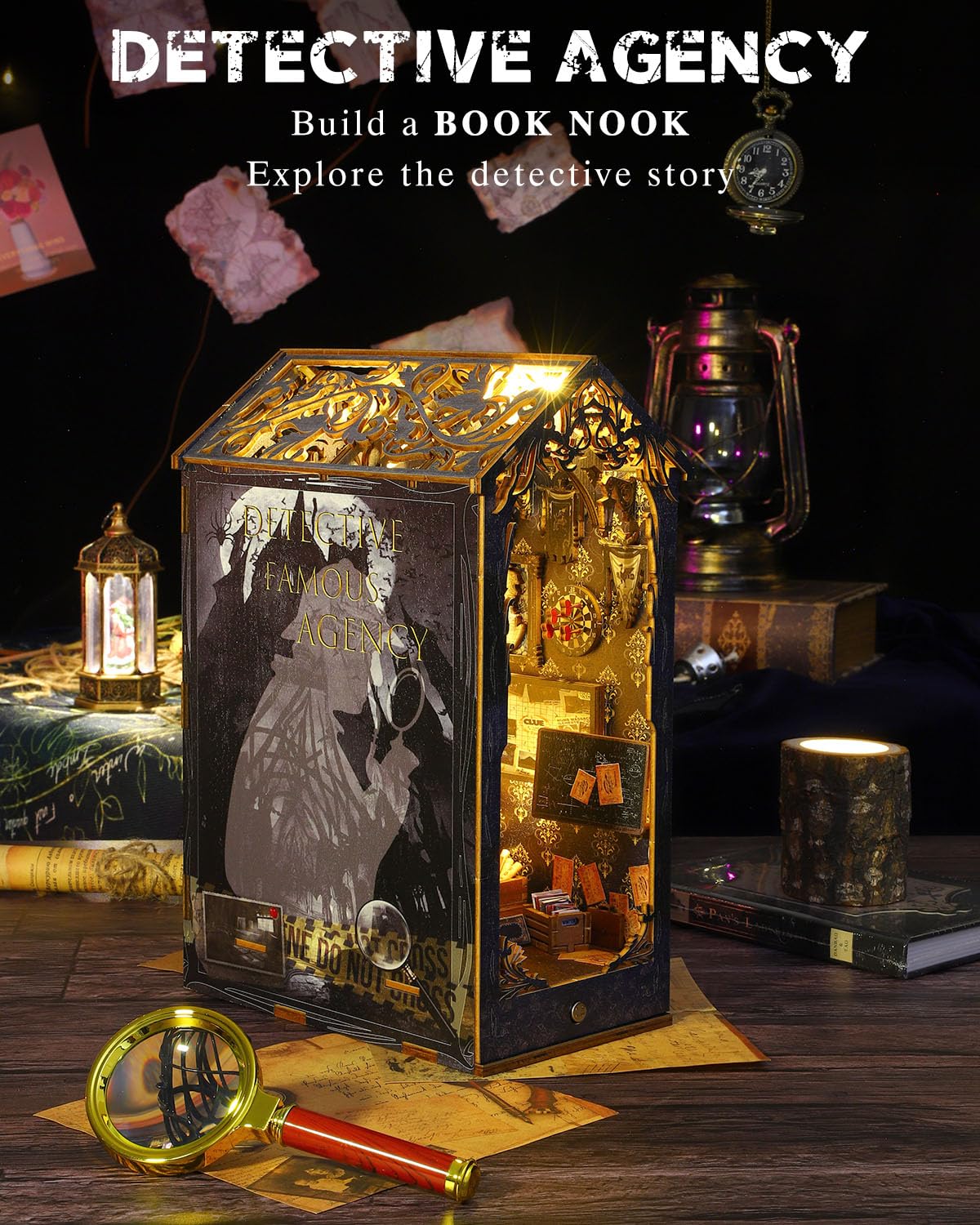 OurMiao Book Nook Kit Detective Agency — DIY Booknook with Sensor LED Light
