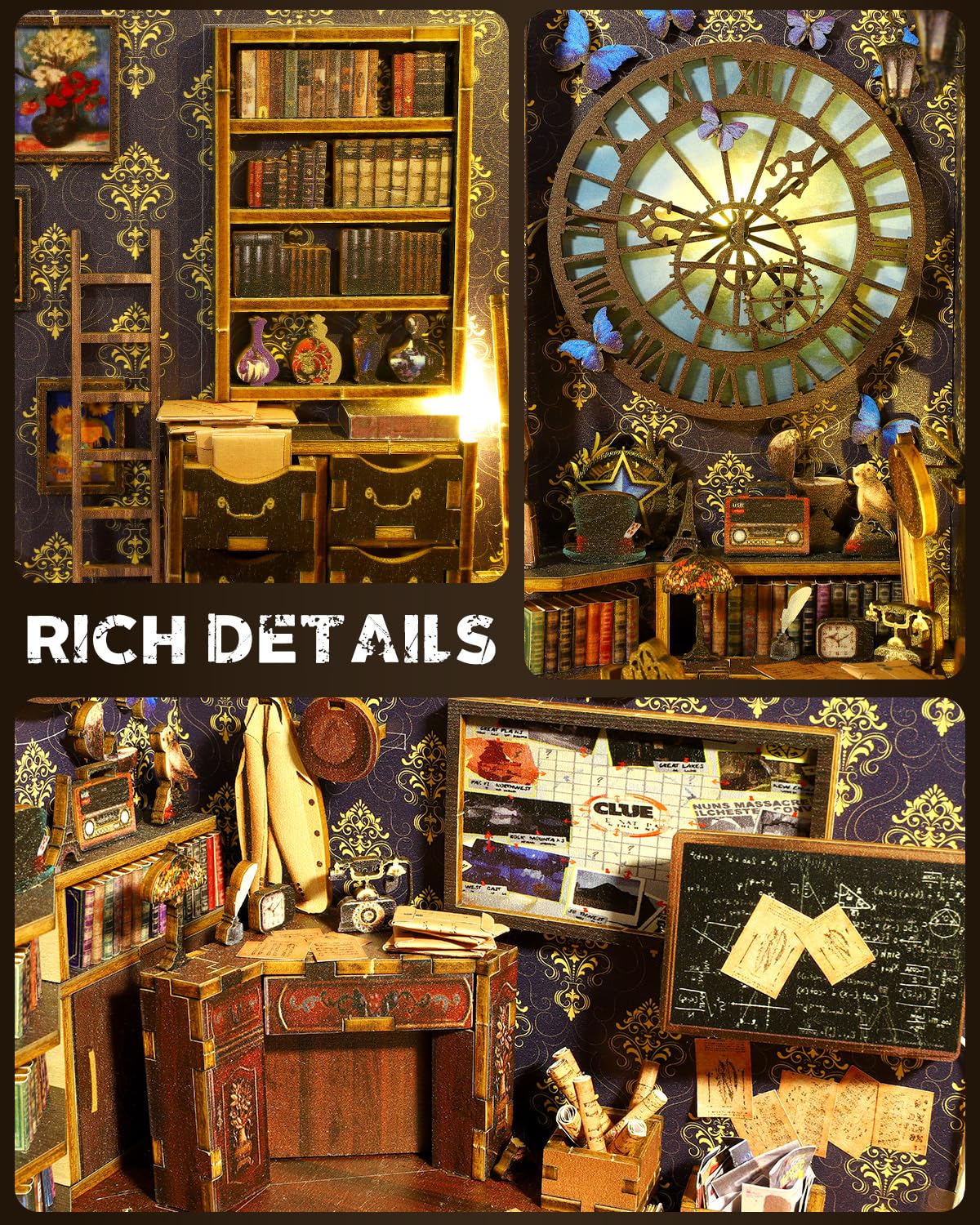 OurMiao Book Nook Kit Detective Agency — DIY Booknook with Sensor LED Light