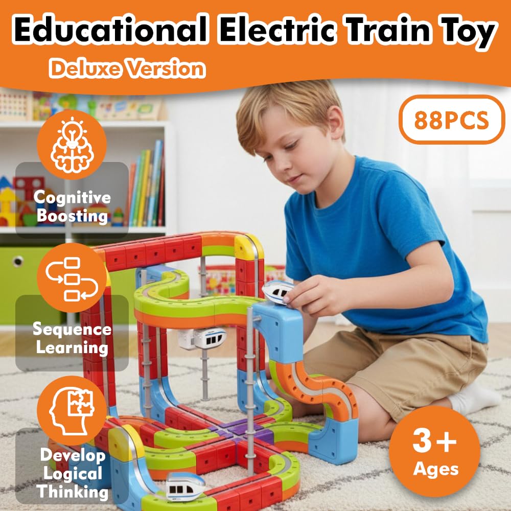 OURSHE Electric 2 Trains Set Tracks – Magnetic Rails & 3D Infinity Cubes (2 Pack)