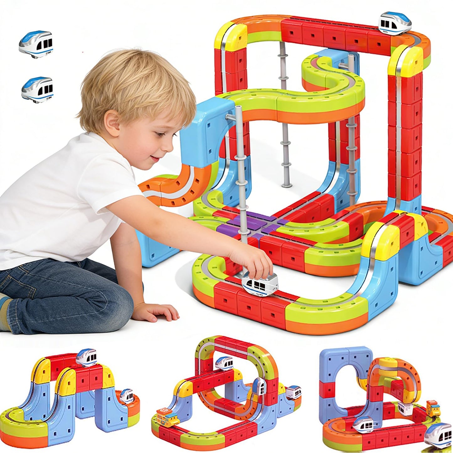 OURSHE Electric 2 Trains Set Tracks – Magnetic Rails & 3D Infinity Cubes (2 Pack)