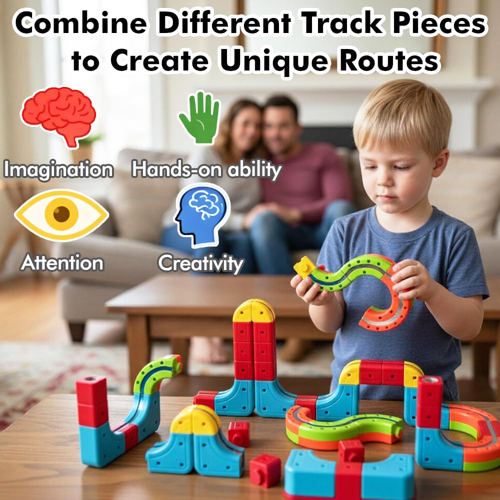 OURSHE Electric 2 Trains Set Tracks – Magnetic Rails & 3D Infinity Cubes (2 Pack)