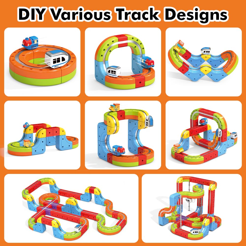 OURSHE Electric 2 Trains Set Tracks – Magnetic Rails & 3D Infinity Cubes (2 Pack)