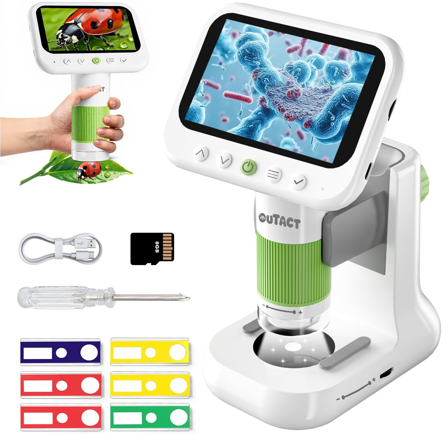 OUTACT 1000X Digital Microscope for Kids – 1080p, 4.3'' HD Handheld, 8 LED, 8GB Card | STEM Educational Toy