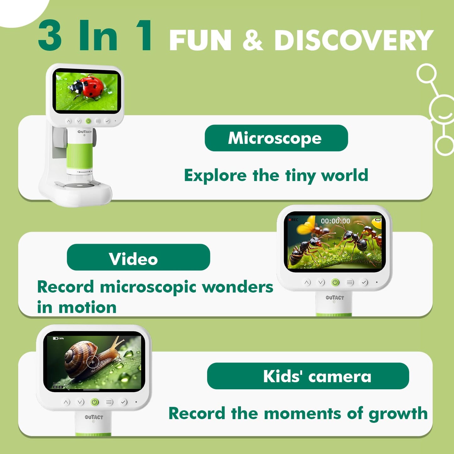 OUTACT 1000X Digital Microscope for Kids – 1080p, 4.3'' HD Handheld, 8 LED, 8GB Card | STEM Educational Toy