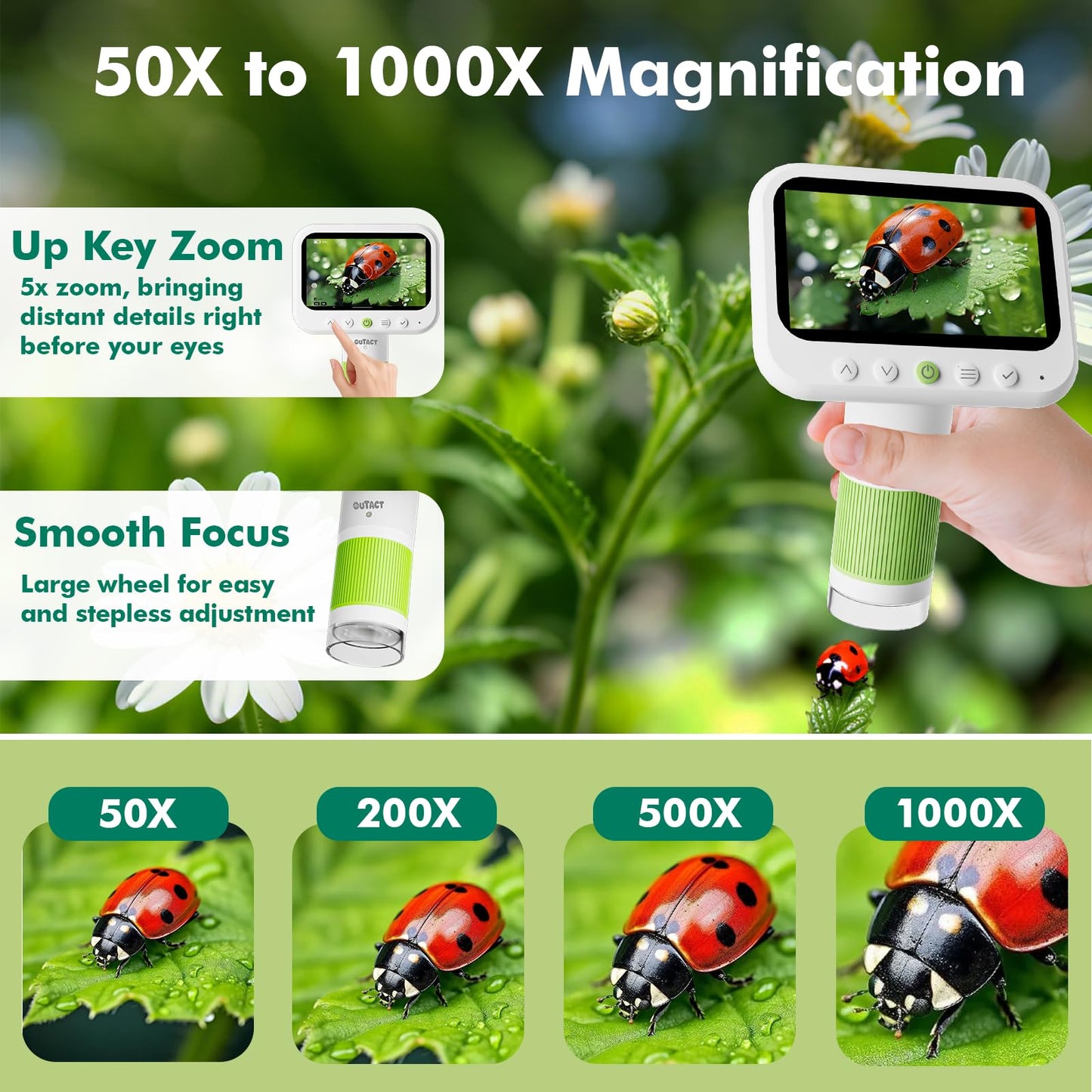 OUTACT 1000X Digital Microscope for Kids – 1080p, 4.3'' HD Handheld, 8 LED, 8GB Card | STEM Educational Toy