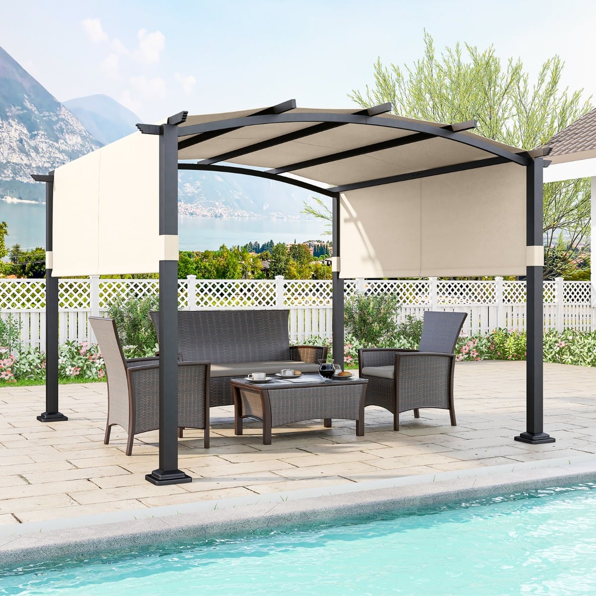 Outdoor Pergola with Retractable Sunshade Canopy and Anchored Plates-Beige