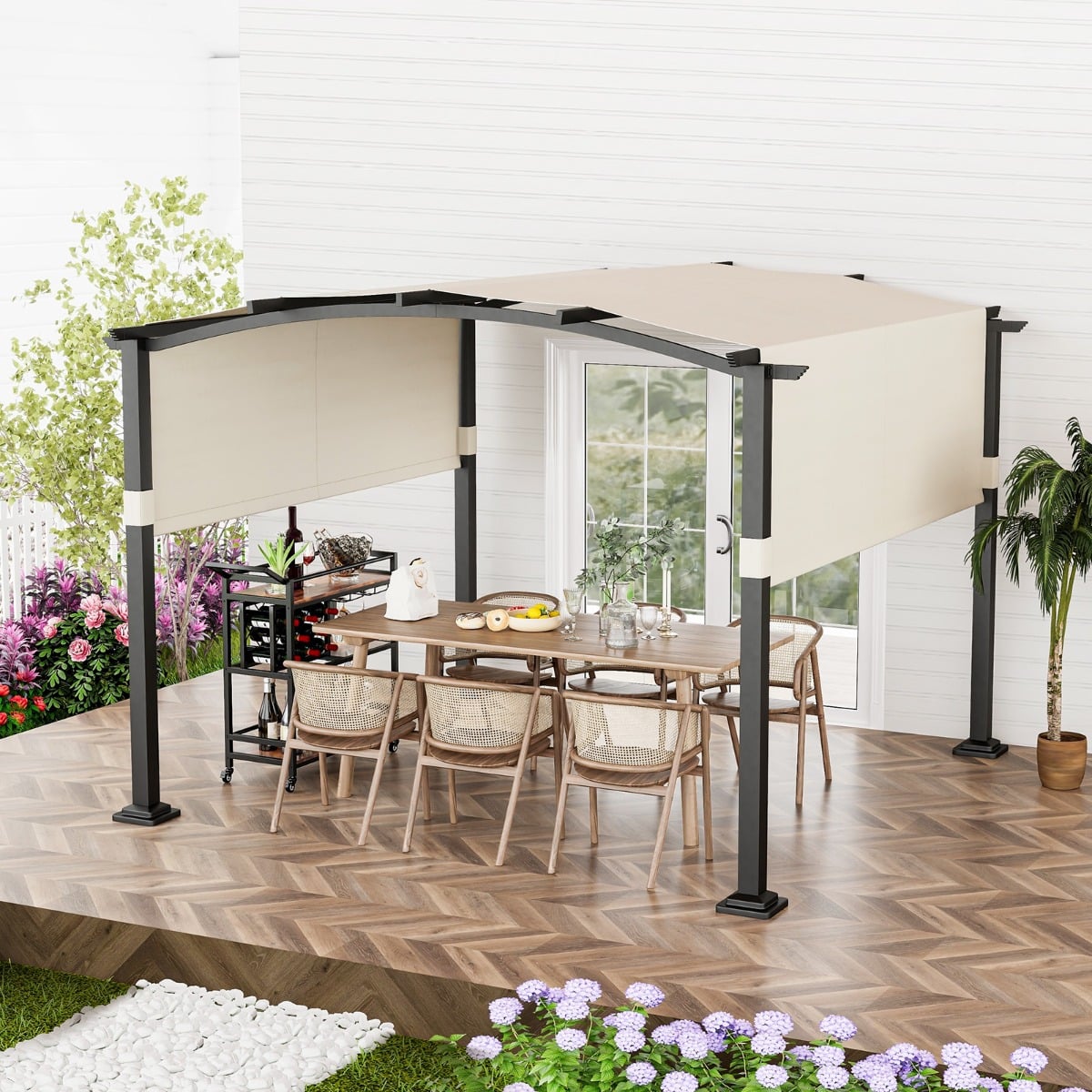 Outdoor Pergola with Retractable Sunshade Canopy and Anchored Plates-Beige