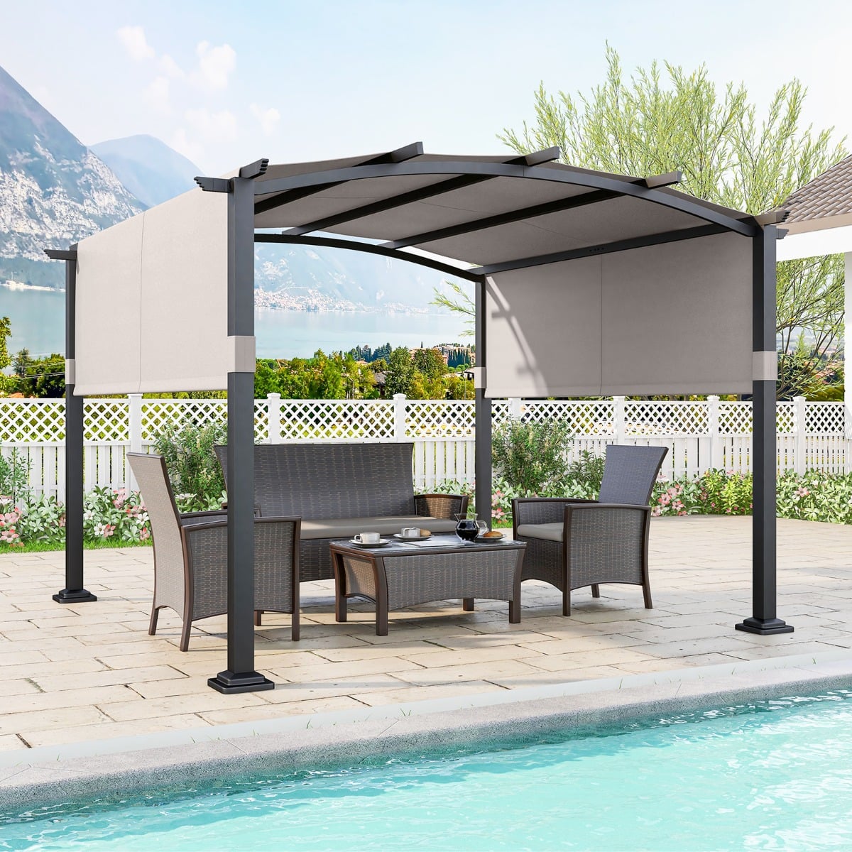 Outdoor Pergola with Retractable Sunshade Canopy and Anchored Plates-Beige
