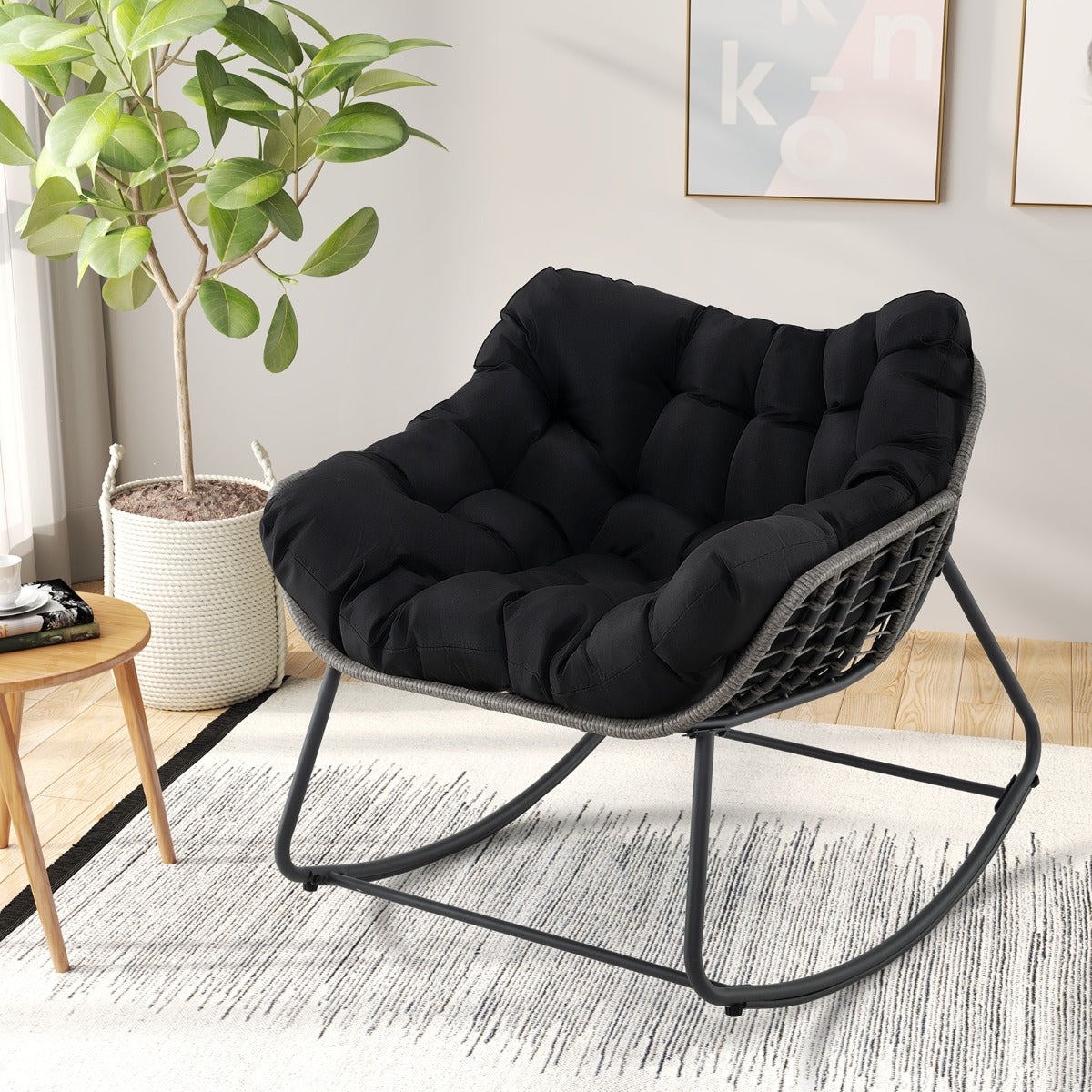 Outdoor Rocking Chair with Thick and Removable Cushion-Black