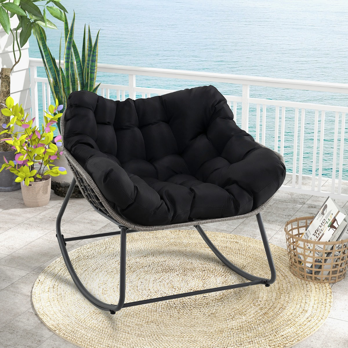 Outdoor Rocking Chair with Thick and Removable Cushion-Black