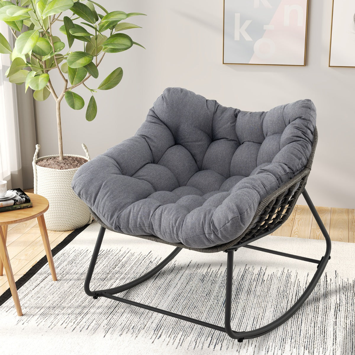 Outdoor Rocking Chair with Thick and Removable Cushion-Black