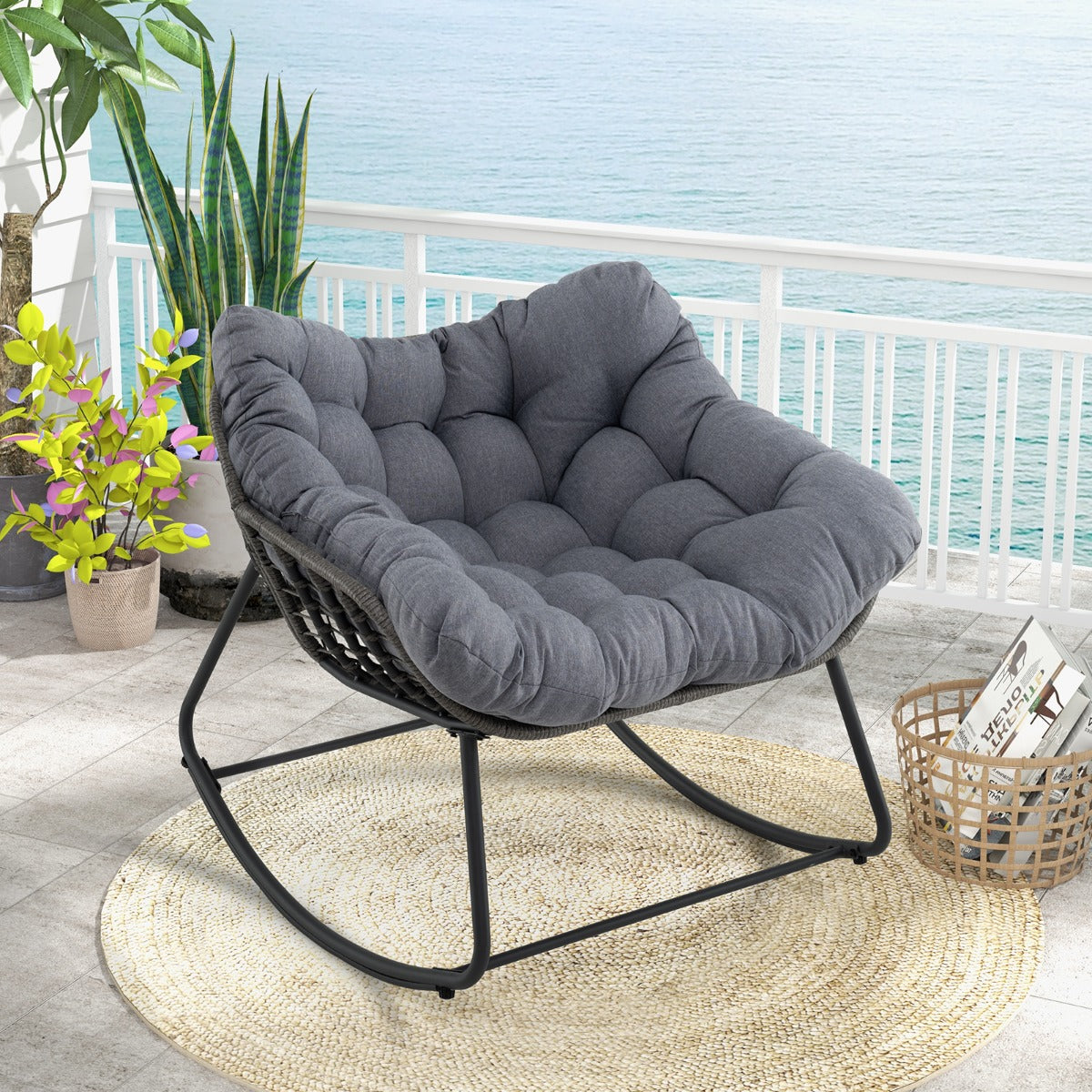 Outdoor Rocking Chair with Thick and Removable Cushion-Black