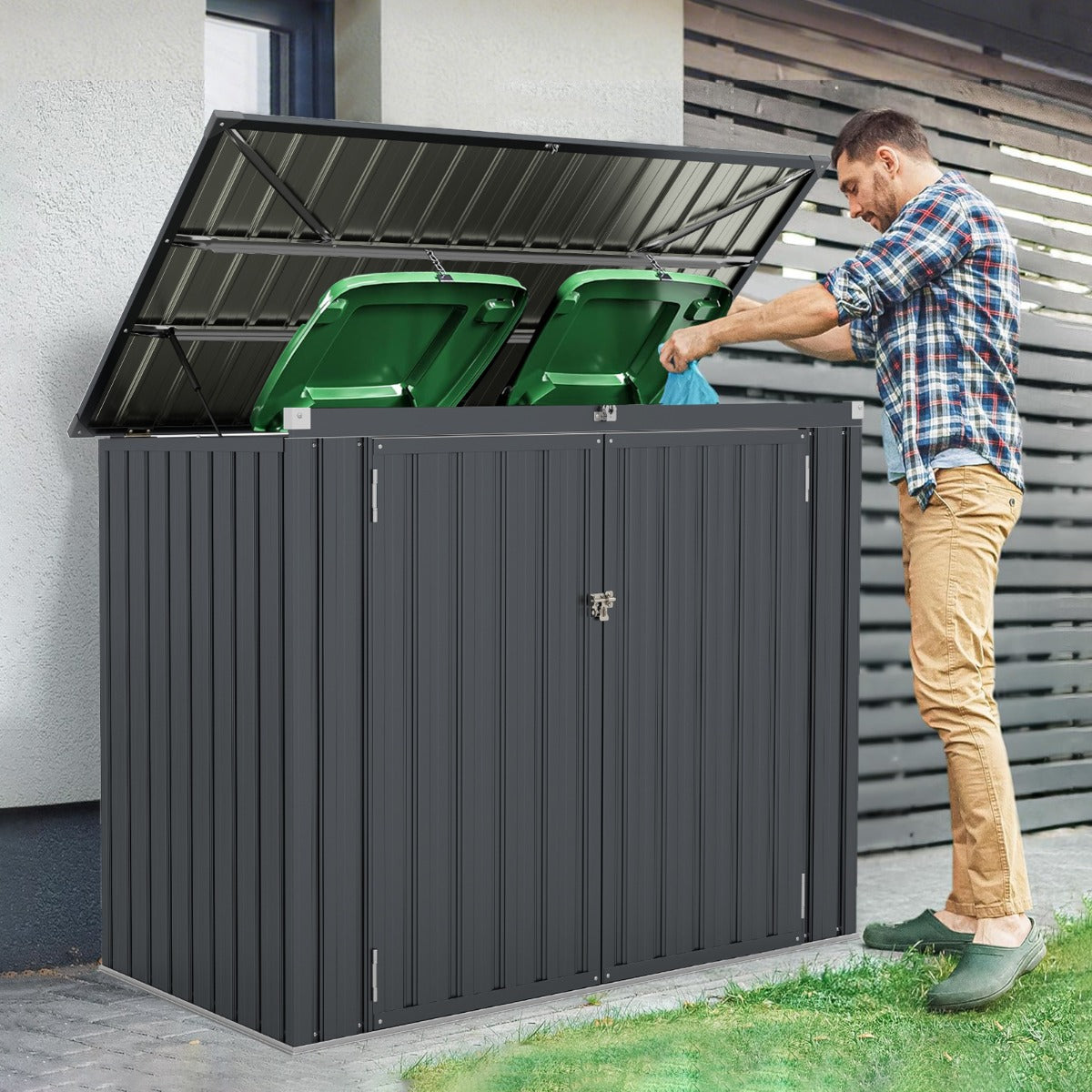 Outdoor Trash Can Storage Shed with Double Openings-Dark Grey