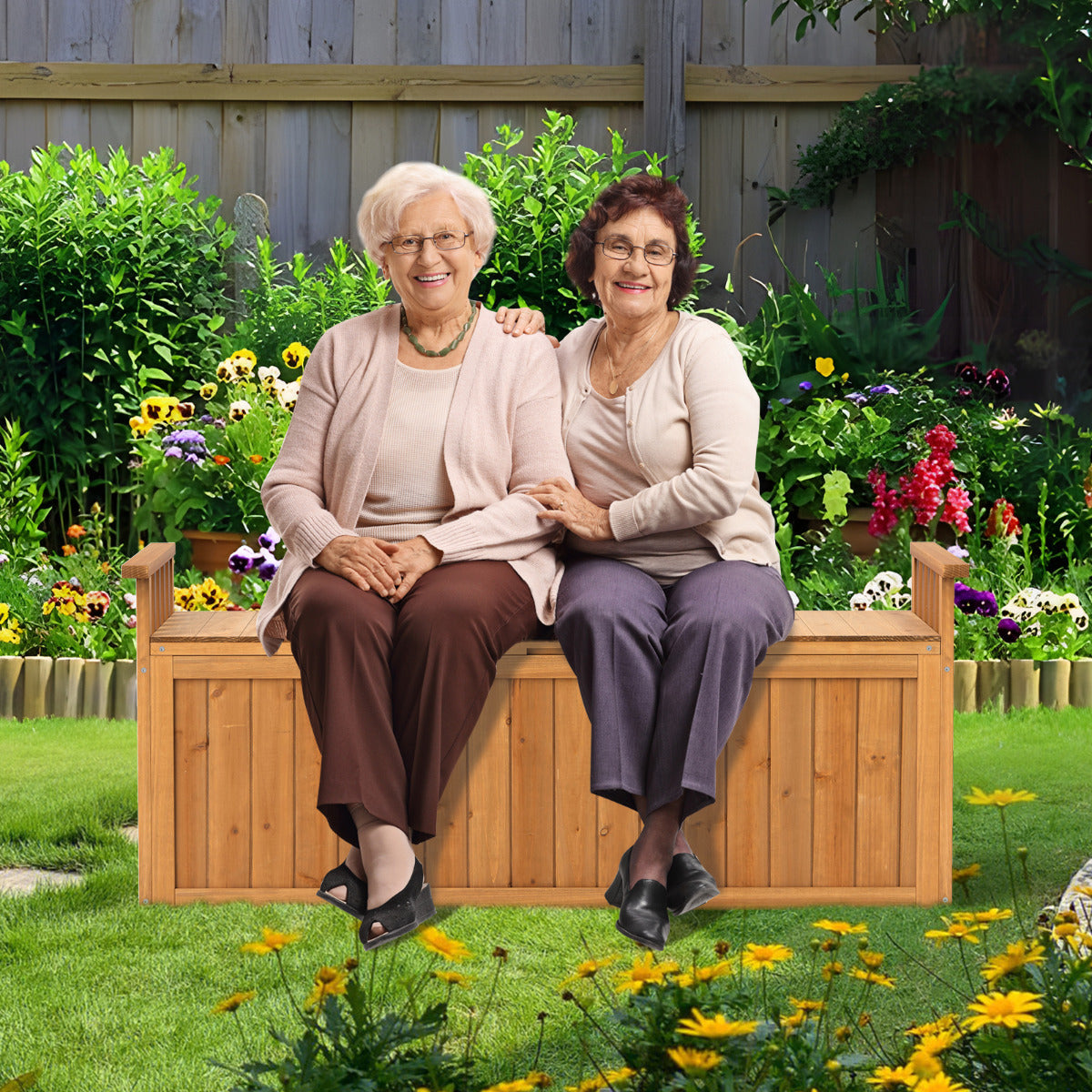 Outdoor Wood Storage Bench 209 L Large Storage Deck Box-Natural
