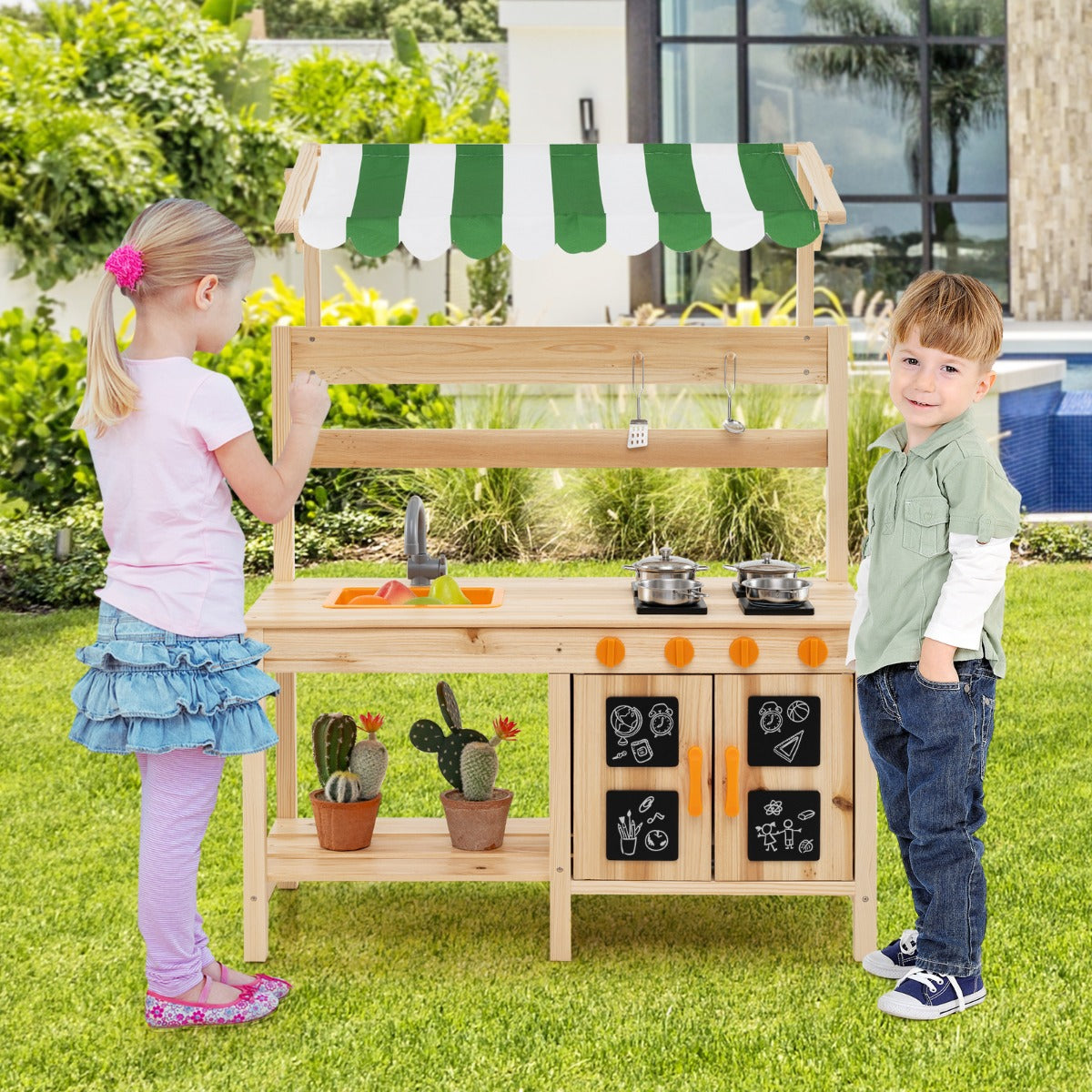 Outdoor Wooden Pretend Play Kitchen with Canopy and 4 Stoves-Natural