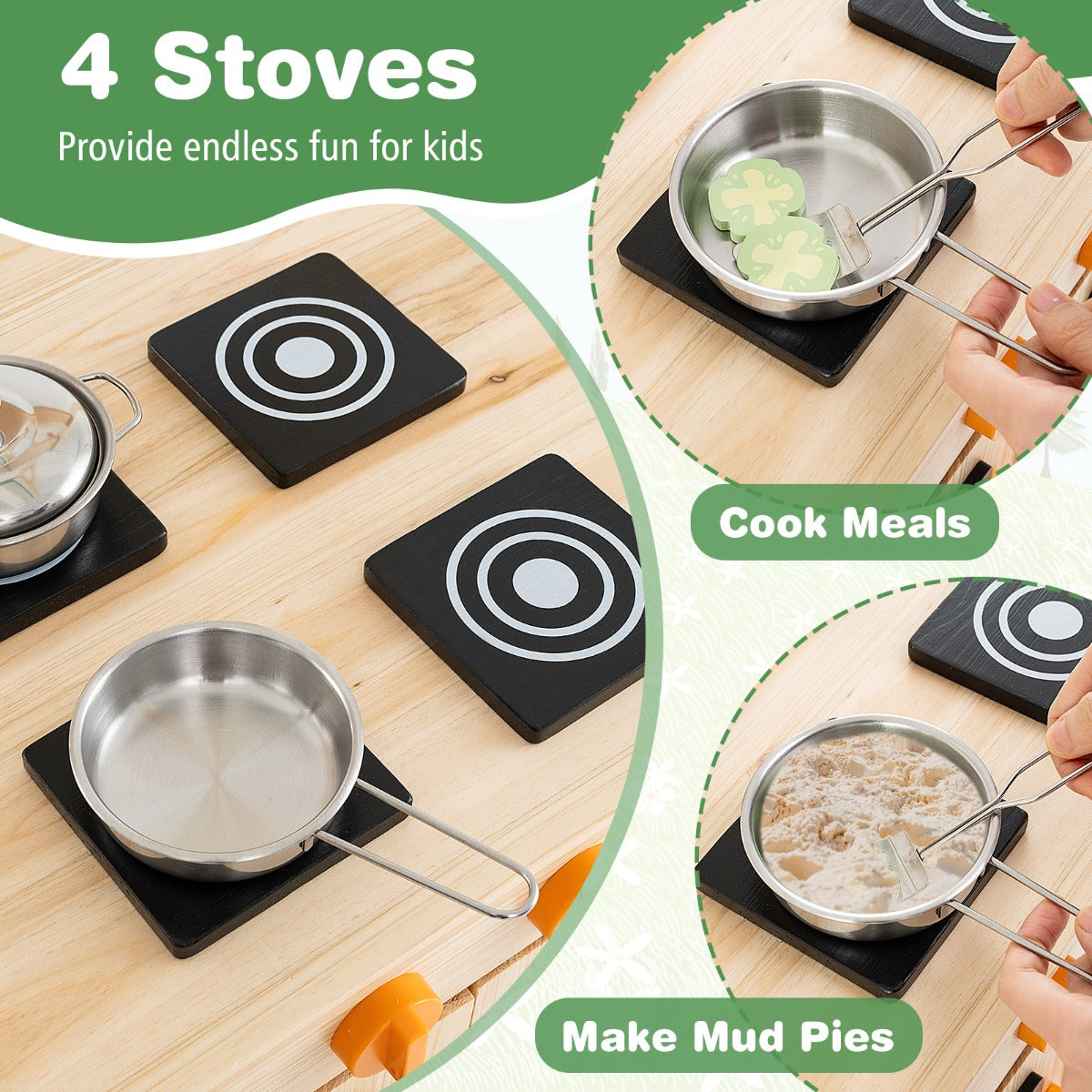 Outdoor Wooden Pretend Play Kitchen with Canopy and 4 Stoves-Natural