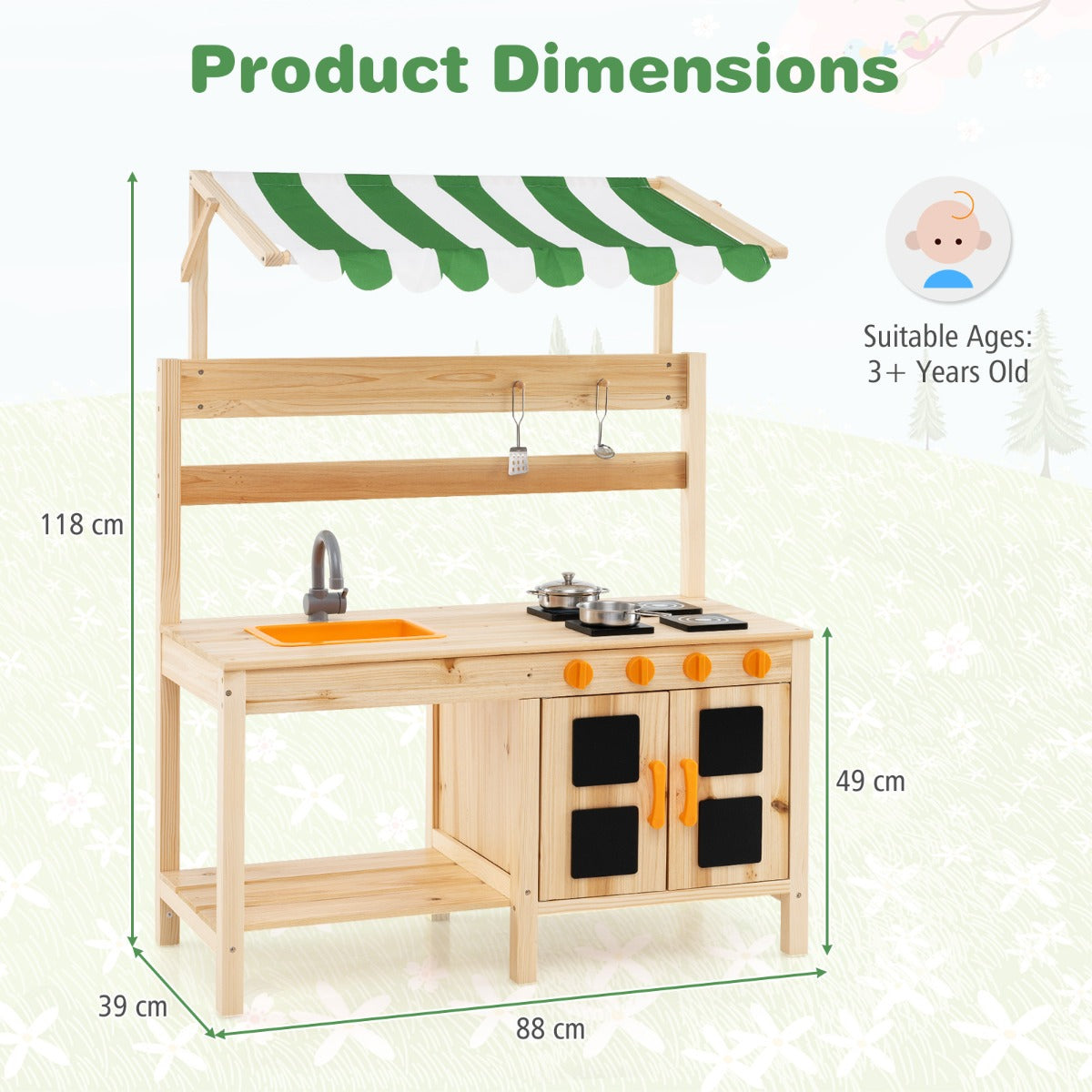 Outdoor Wooden Pretend Play Kitchen with Canopy and 4 Stoves-Natural