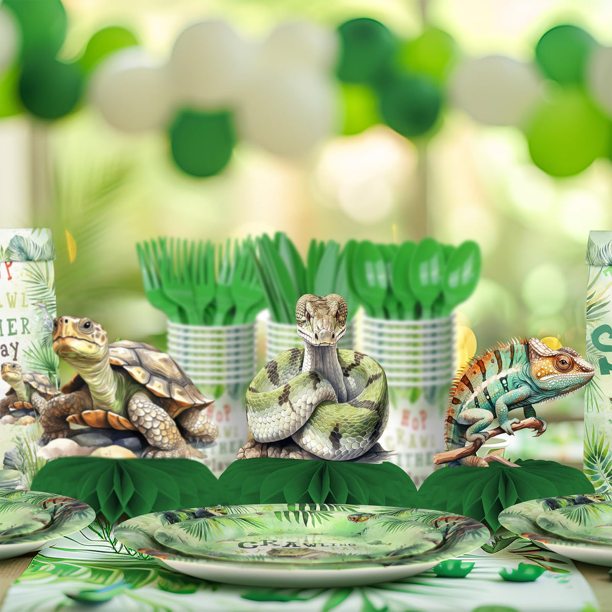 Outego Reptile Party Centerpiece Set | Honeycomb Table Toppers for Kids