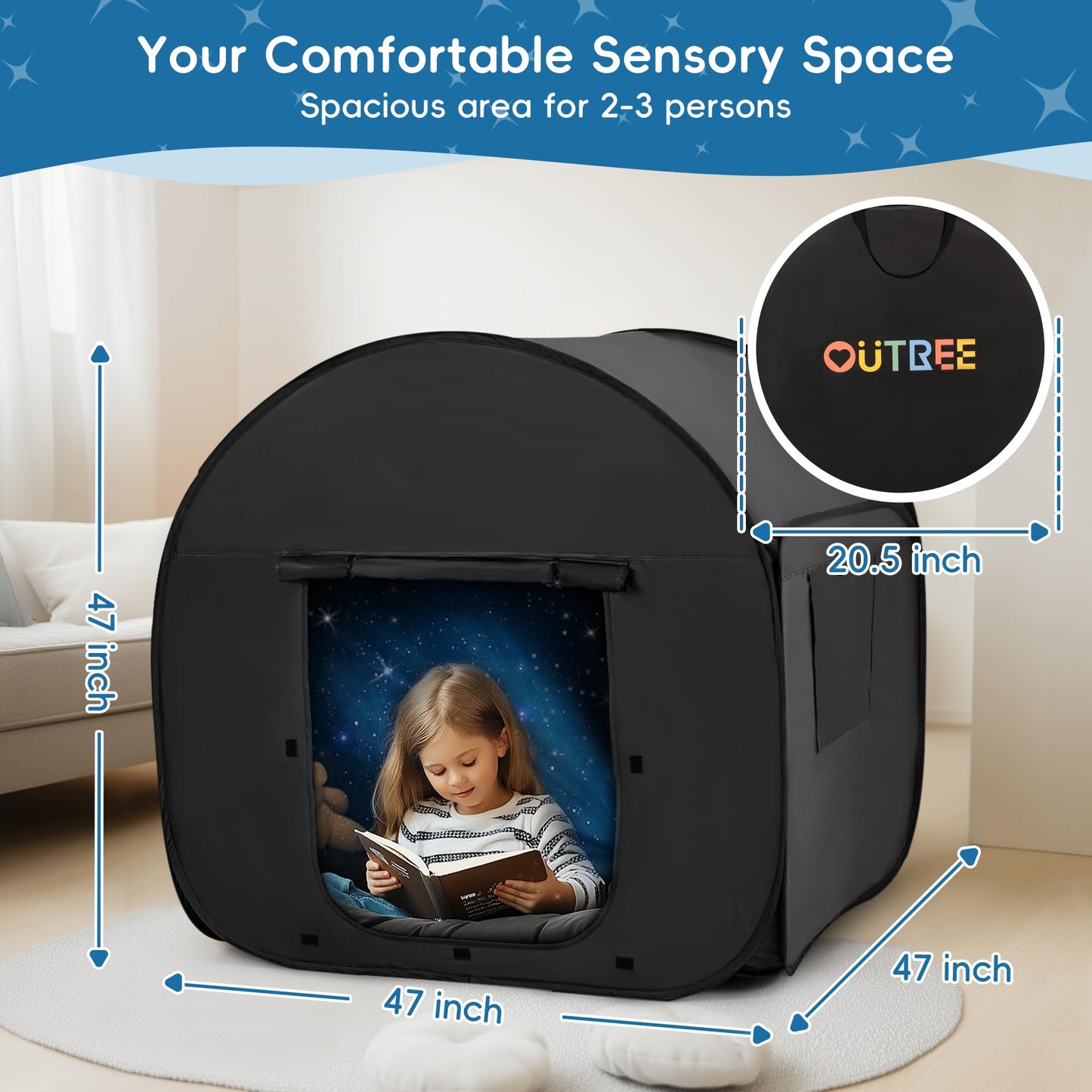 OUTREE Sensory Tent 47x47 in Black Print | Pop-Up Indoor Sensory Space for Kids